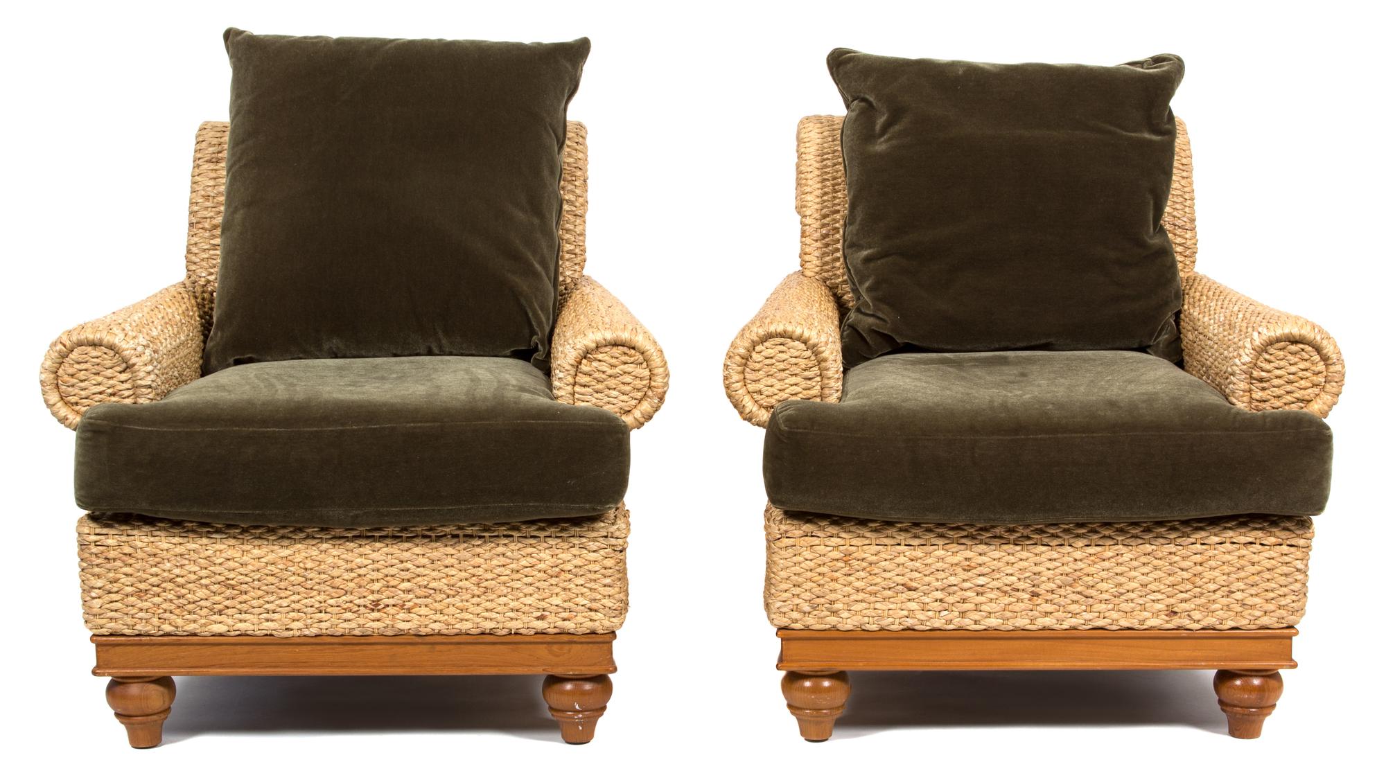 A Pair of Wicker Armchairs with Velvet Back and Seat Cushions Height 34 x width 35 x depth 37 inches. — 20TH CENTURY