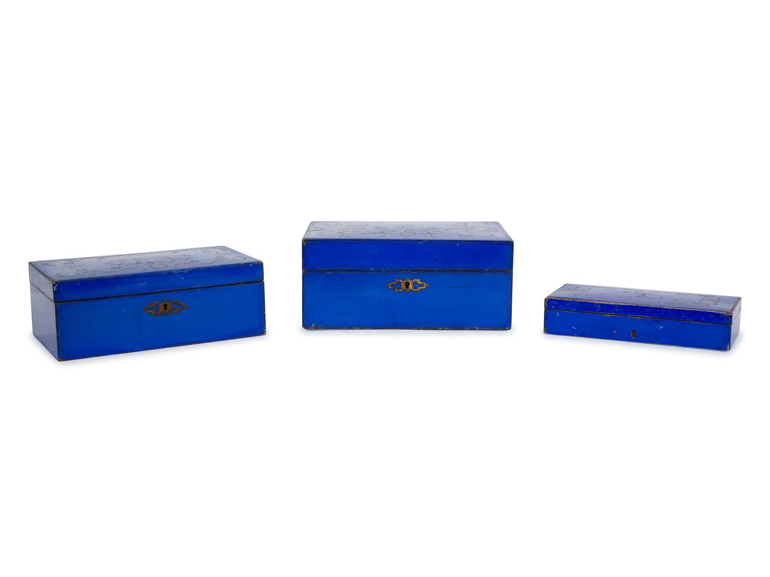 Three Gilt-Embossed Painted Wood Boxes