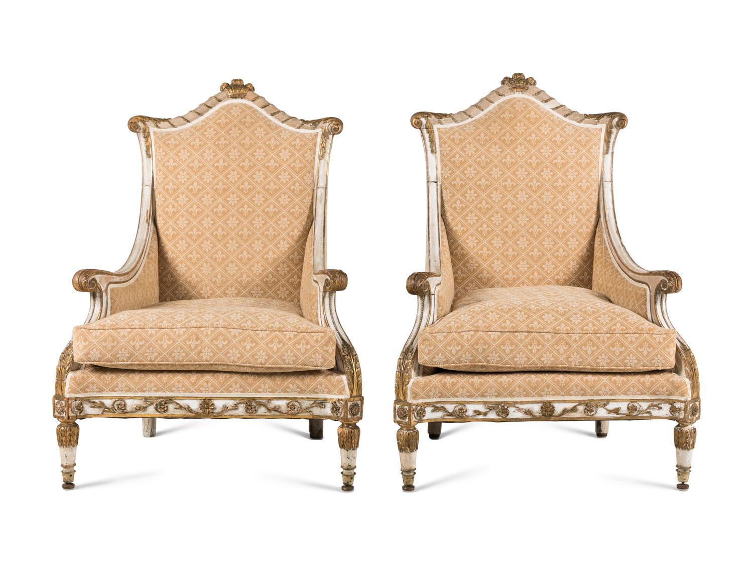 A Pair of Continental Painted and Parcel Gilt Bergères