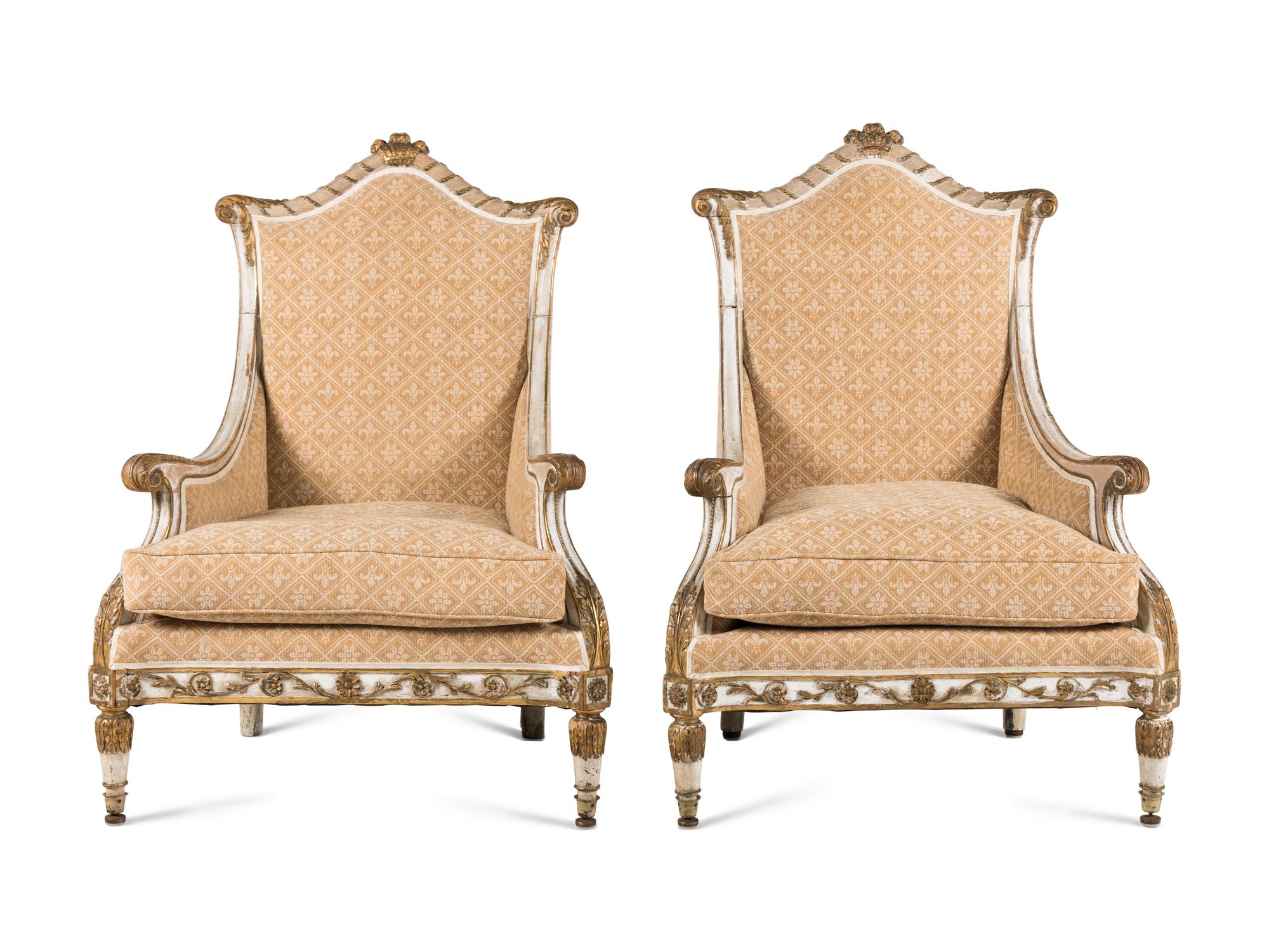 A Pair of Continental Painted and Parcel Gilt Bergères