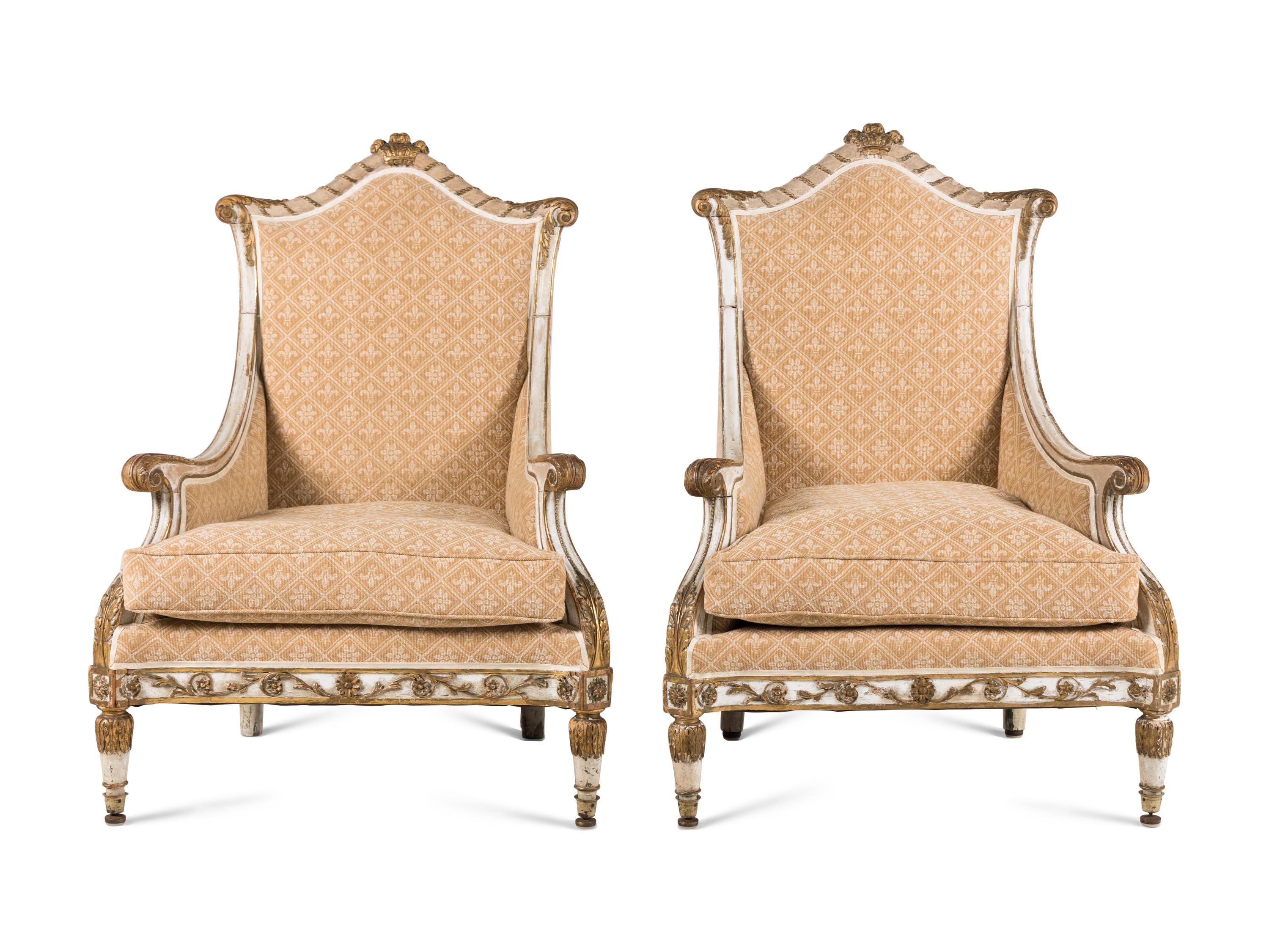 A Pair of Continental Painted and Parcel Gilt Bergères