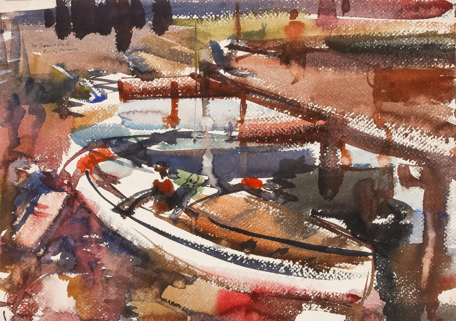Three works: Harbor Scene; Street Scene and Docked Boat