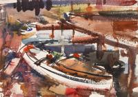 Three works: Harbor Scene; Street Scene and Docked Boat