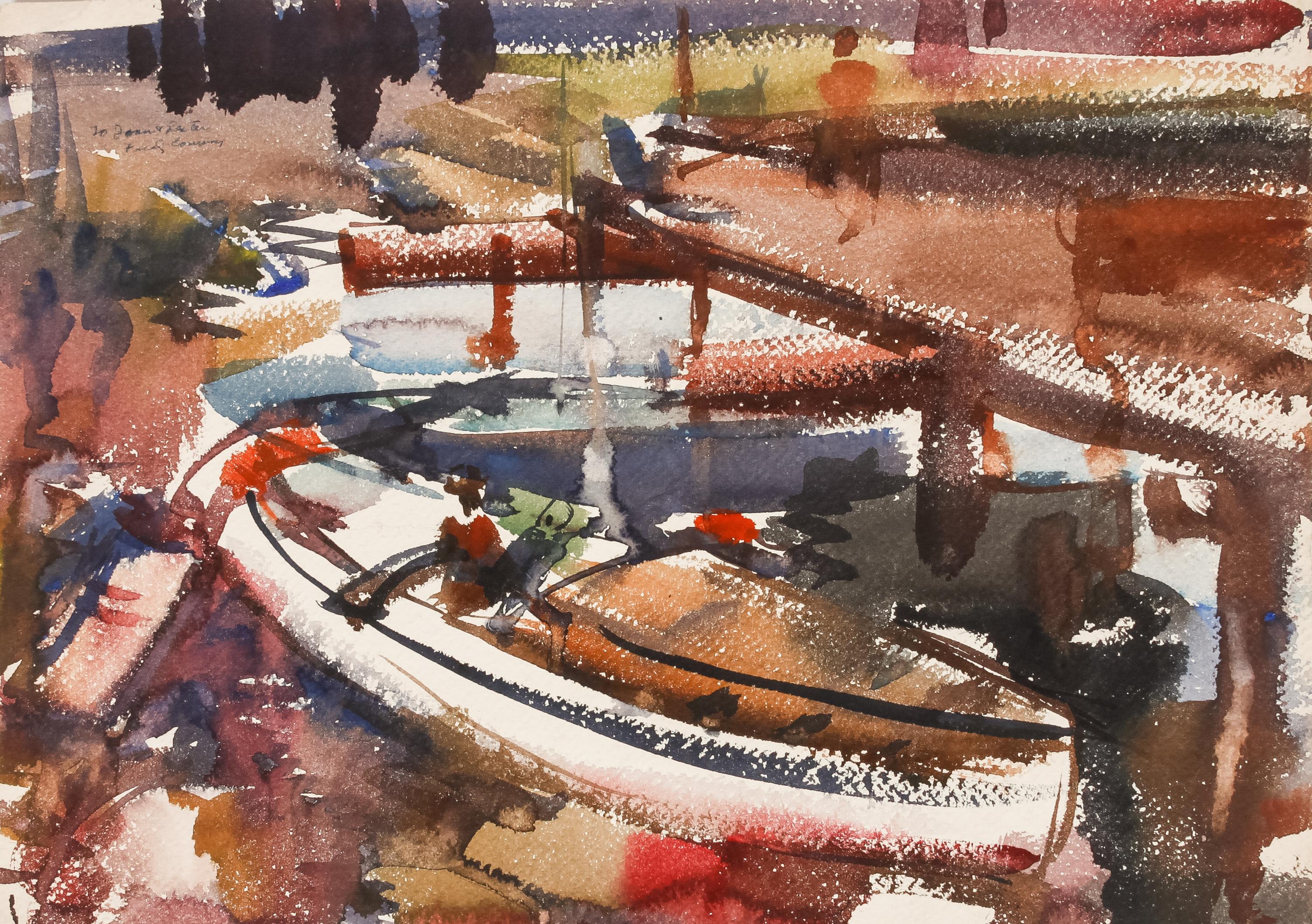 Three works: Harbor Scene; Street Scene and Docked Boat