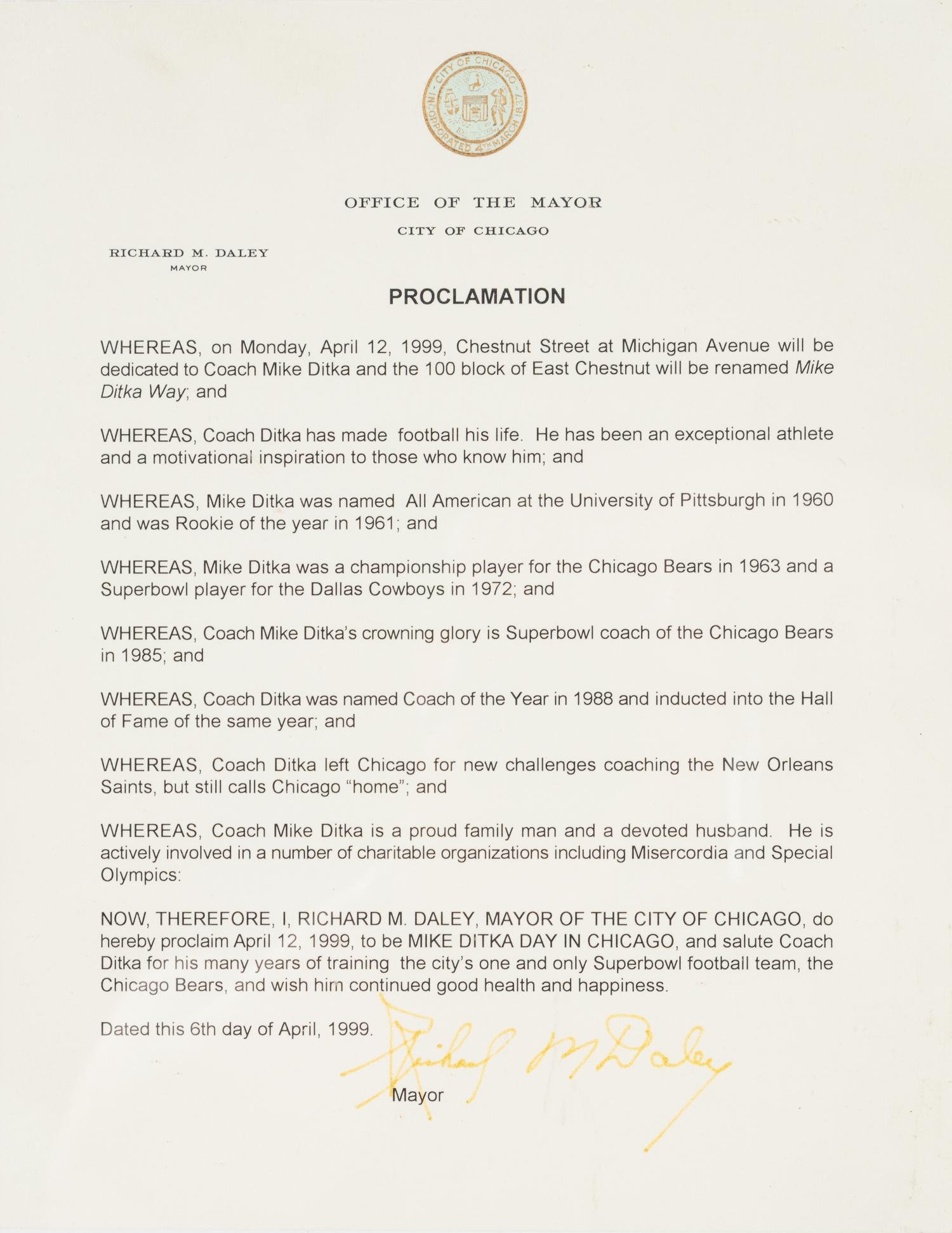 An Iron Mike Ditka Day Proclamation Formerly Displayed at Mike Ditka's Restaurant