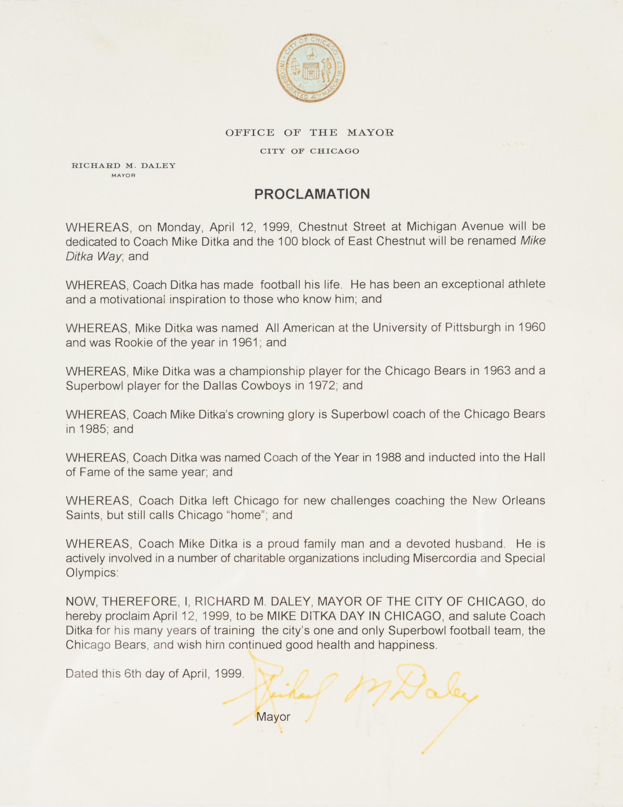An Iron Mike Ditka Day Proclamation Formerly Displayed at Mike Ditka's Restaurant