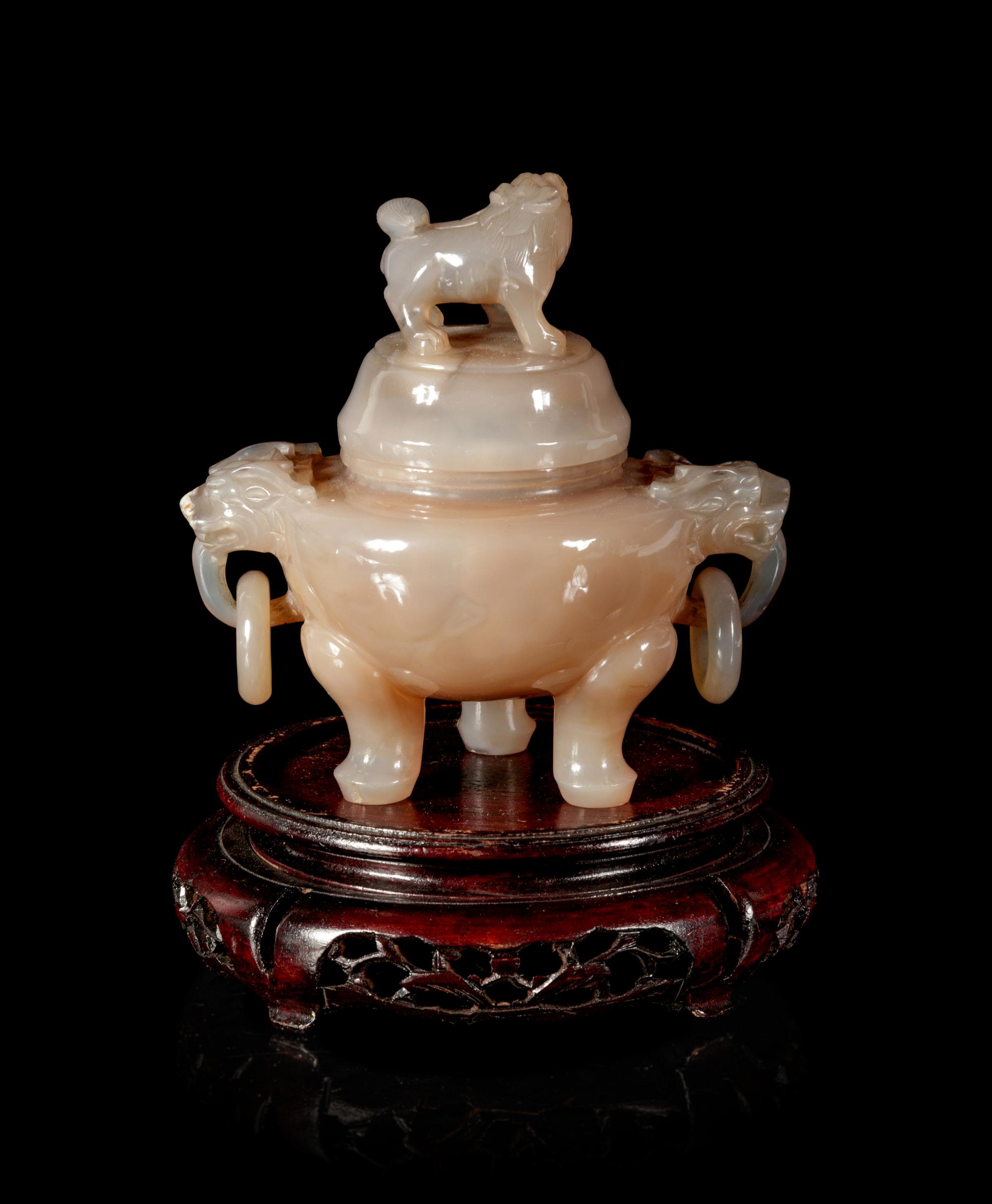 A Chinese Carved Agate Tripod Censer