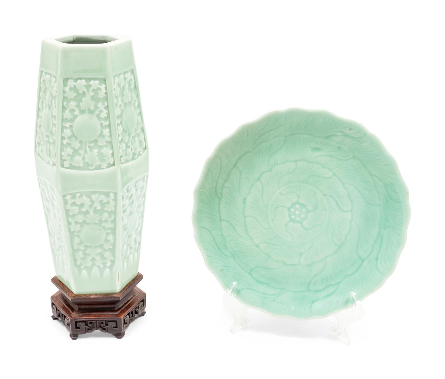 Two Chinese Molded Celadon Glazed Porcelain Articles