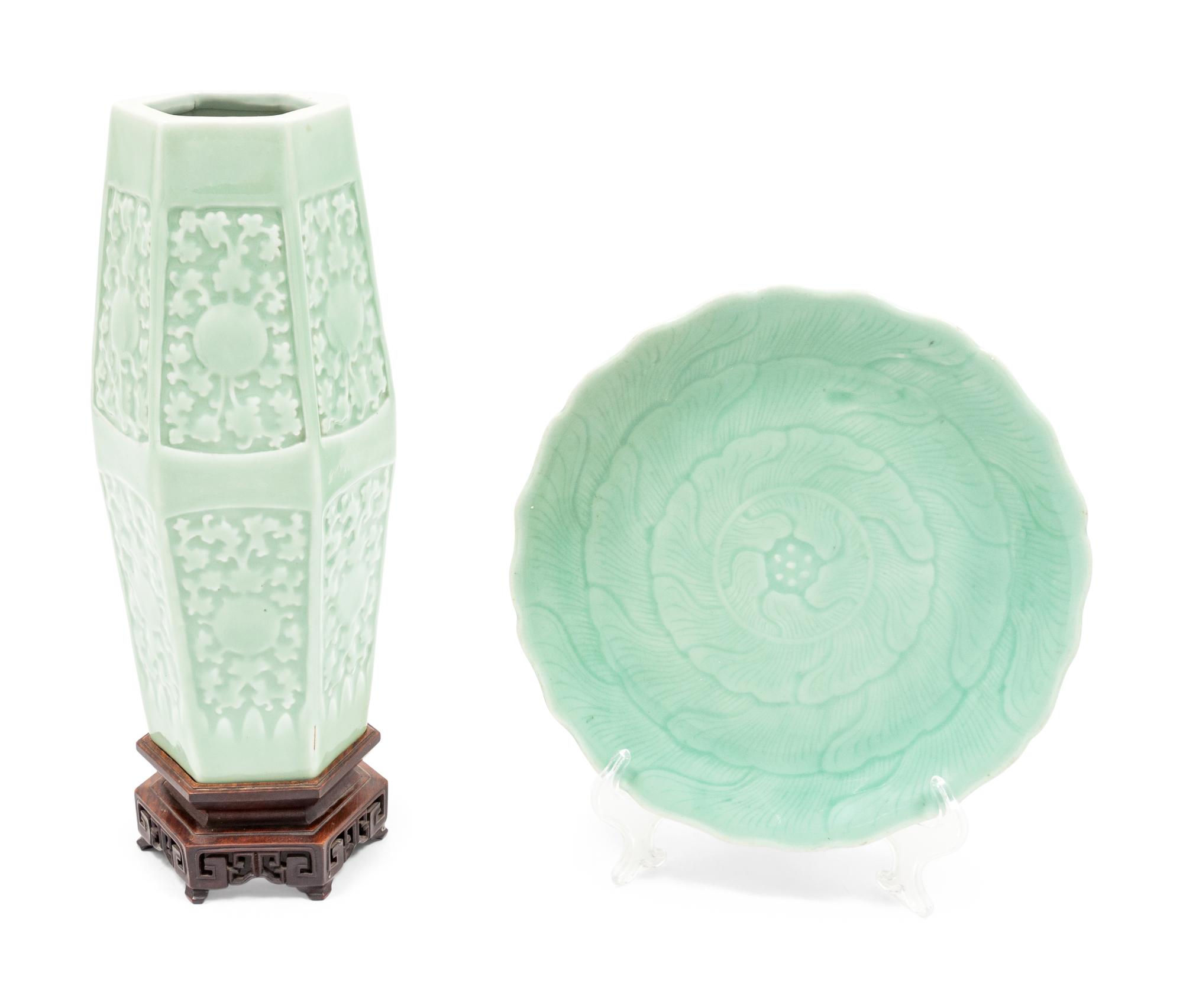 Two Chinese Molded Celadon Glazed Porcelain Articles