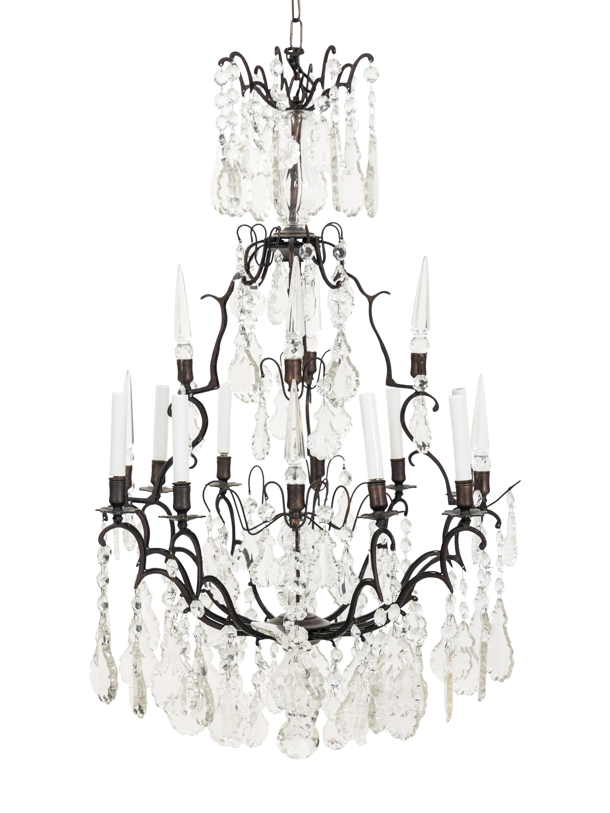 An Iron and Glass Eight-Light Chandelier