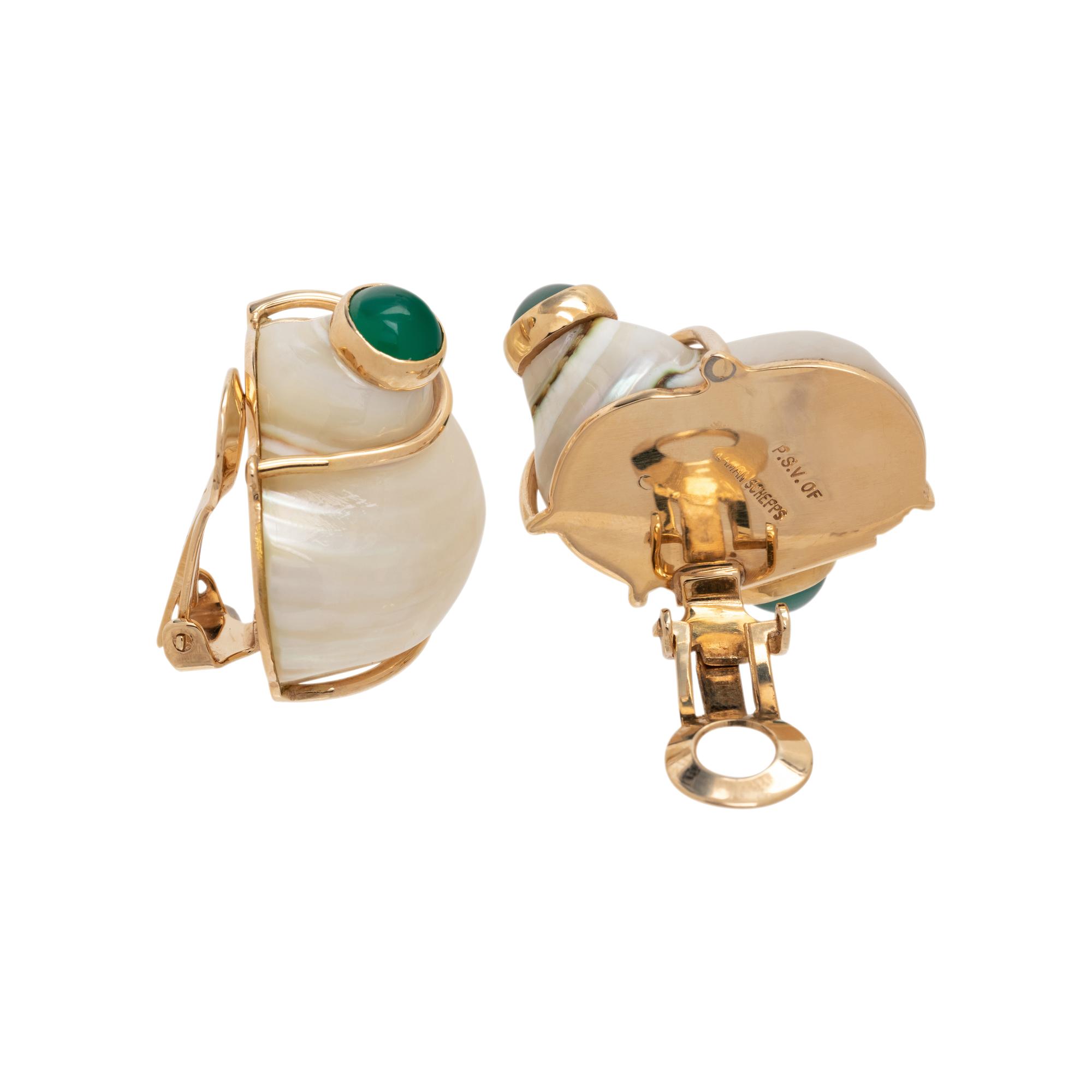SEAMAN SCHEPPS, SHELL AND GREEN ONYX EARCLIPS