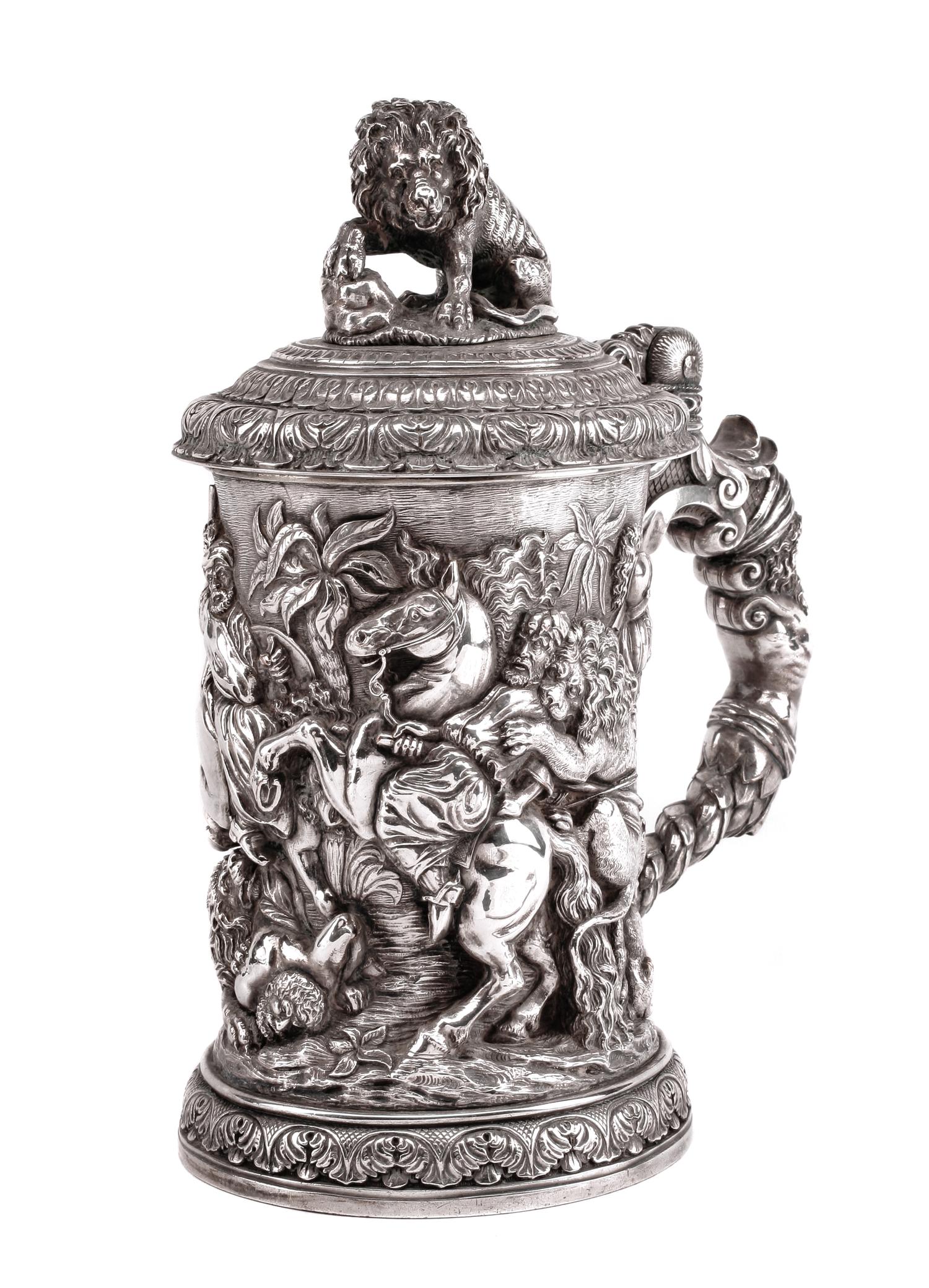 A Victorian Silver-Plate Tankard, Elkington & Co., Birmingham, 1889, the hinged lid with a lion finial above the body worked to show a