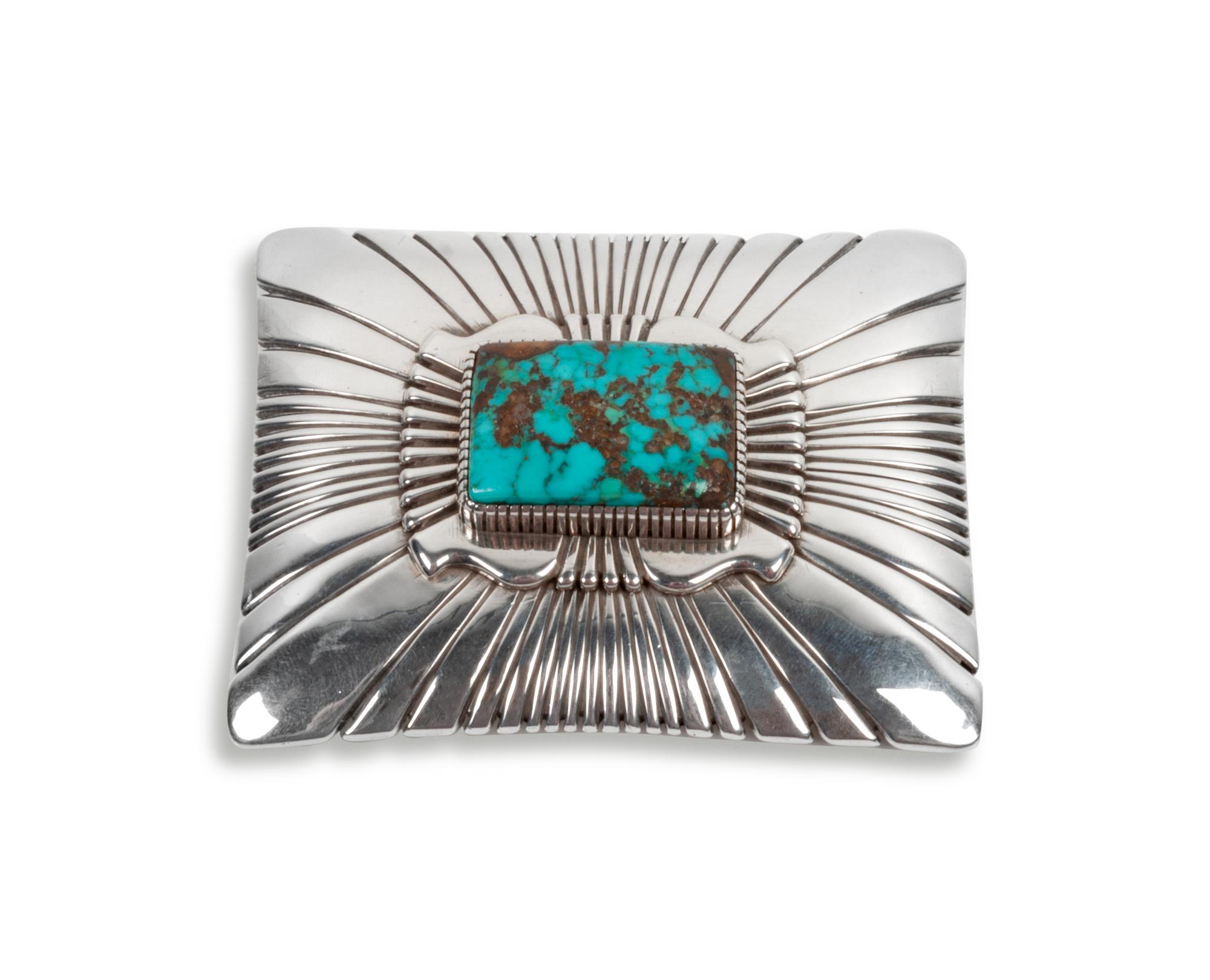 Sterling Silver and Pilot Mountain Turquoise Belt Buckle