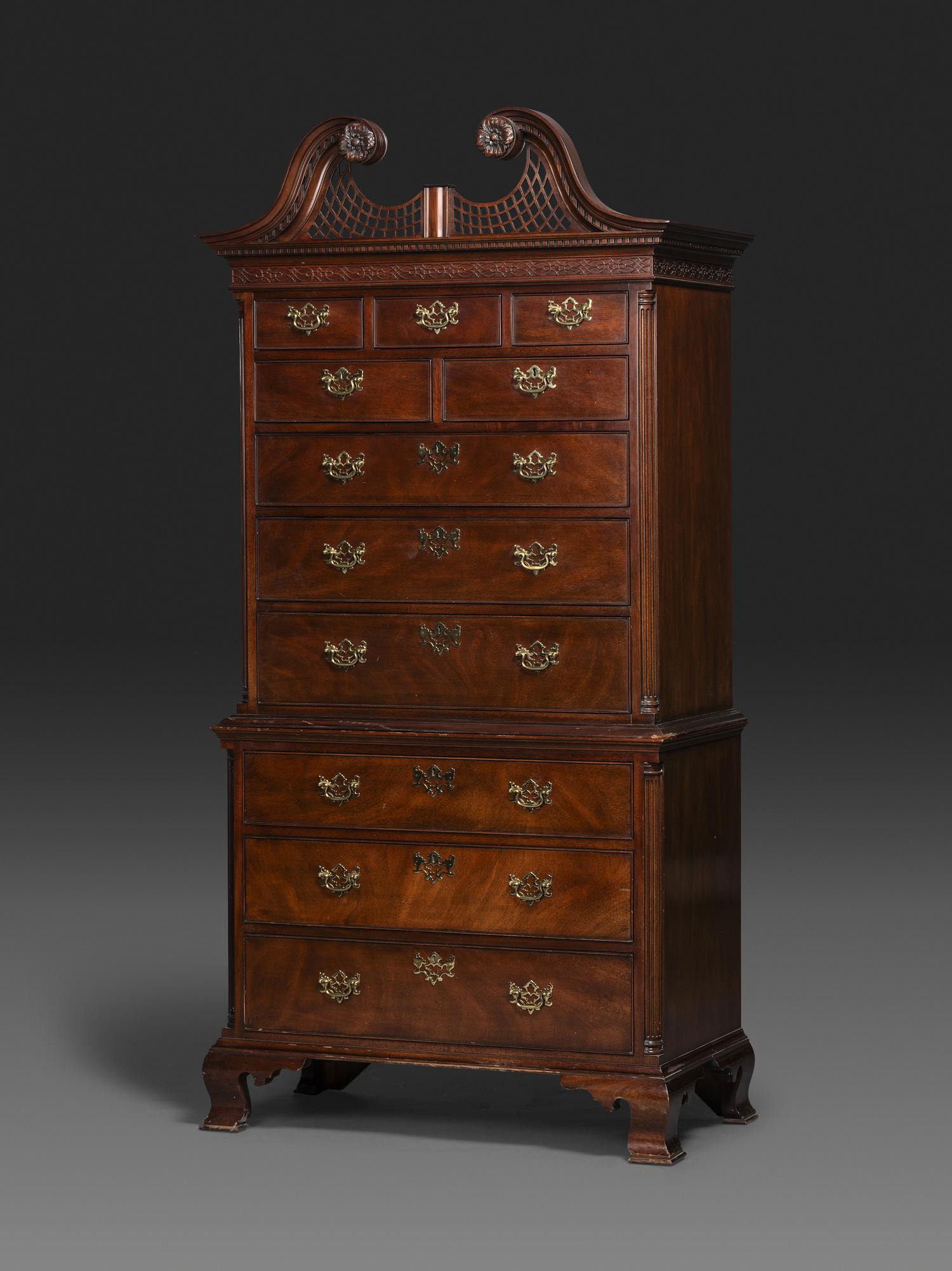 An American Chinese Chippendale Style Carved Mahogany Chest on Chest