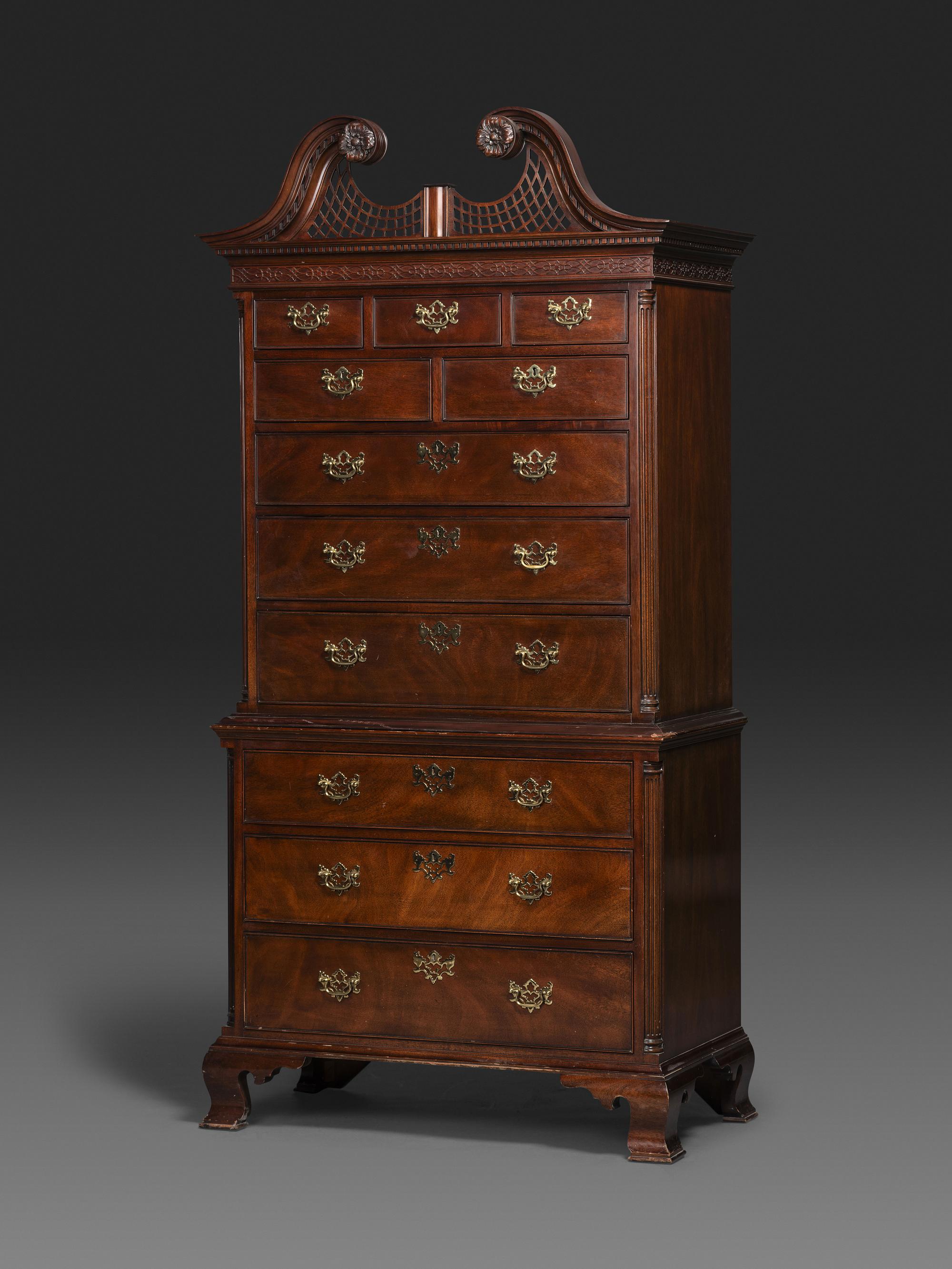 An American Chinese Chippendale Style Carved Mahogany Chest on Chest