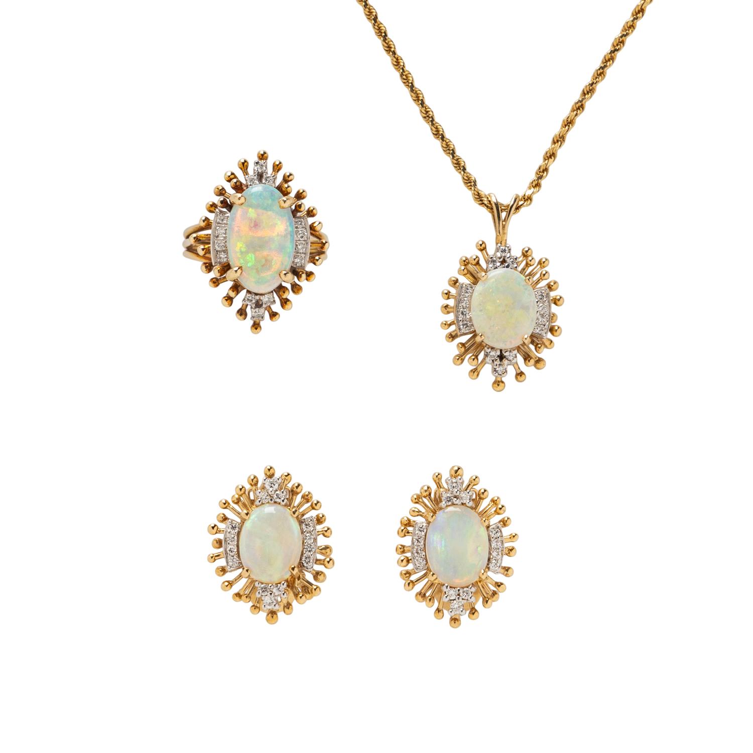 OPAL AND DIAMOND PENDANT, RING, AND EARRINGS