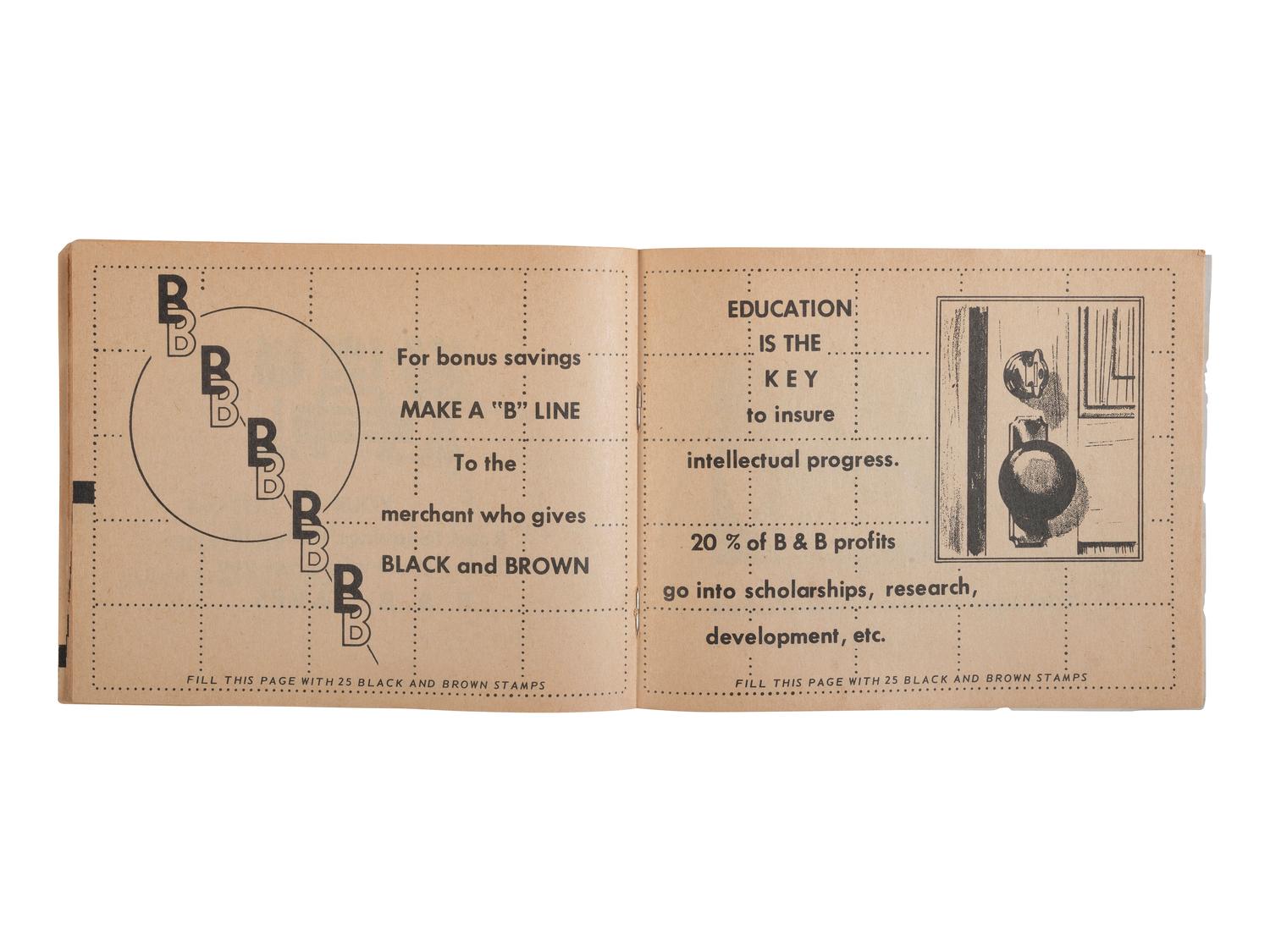 [BUSINESS - MUSIC]. Black and Brown Stamp Album . San Francisco, CA: Black & Brown Trading Stamp Corporation, [1969]. Promoting black-owned businesses.