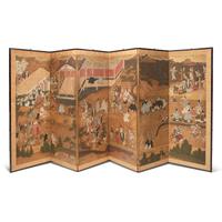 A Japanese Six-Panel Figural Floor Screen, Tosa School, 17th/18th Century