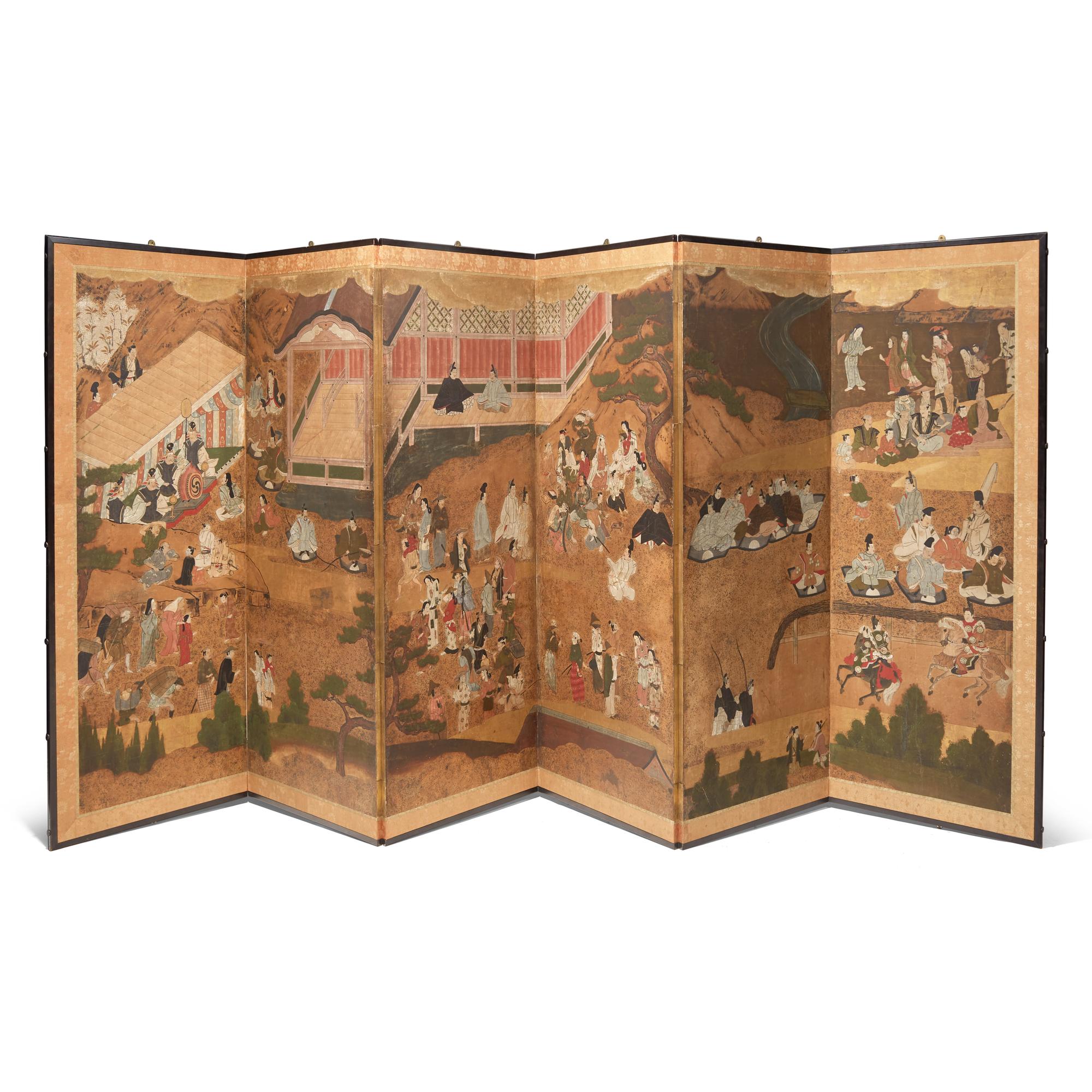 A Japanese Six-Panel Figural Floor Screen, Tosa School, 17th/18th Century