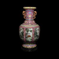A Chinese Pink Sgraffito Ground Famille Rose Porcelain 'Dogs' Vase, Early-Mid 20th Century — 近現代 胭脂地軋道粉彩纏枝蓮紋開光獵犬圖雙耳瓶 帶木座