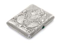 A Russian Silver Cigarette Case, Maker's mark obscured, assay mark of Ivan Lebedkin, Moscow, the lid with raised decoration showing a w