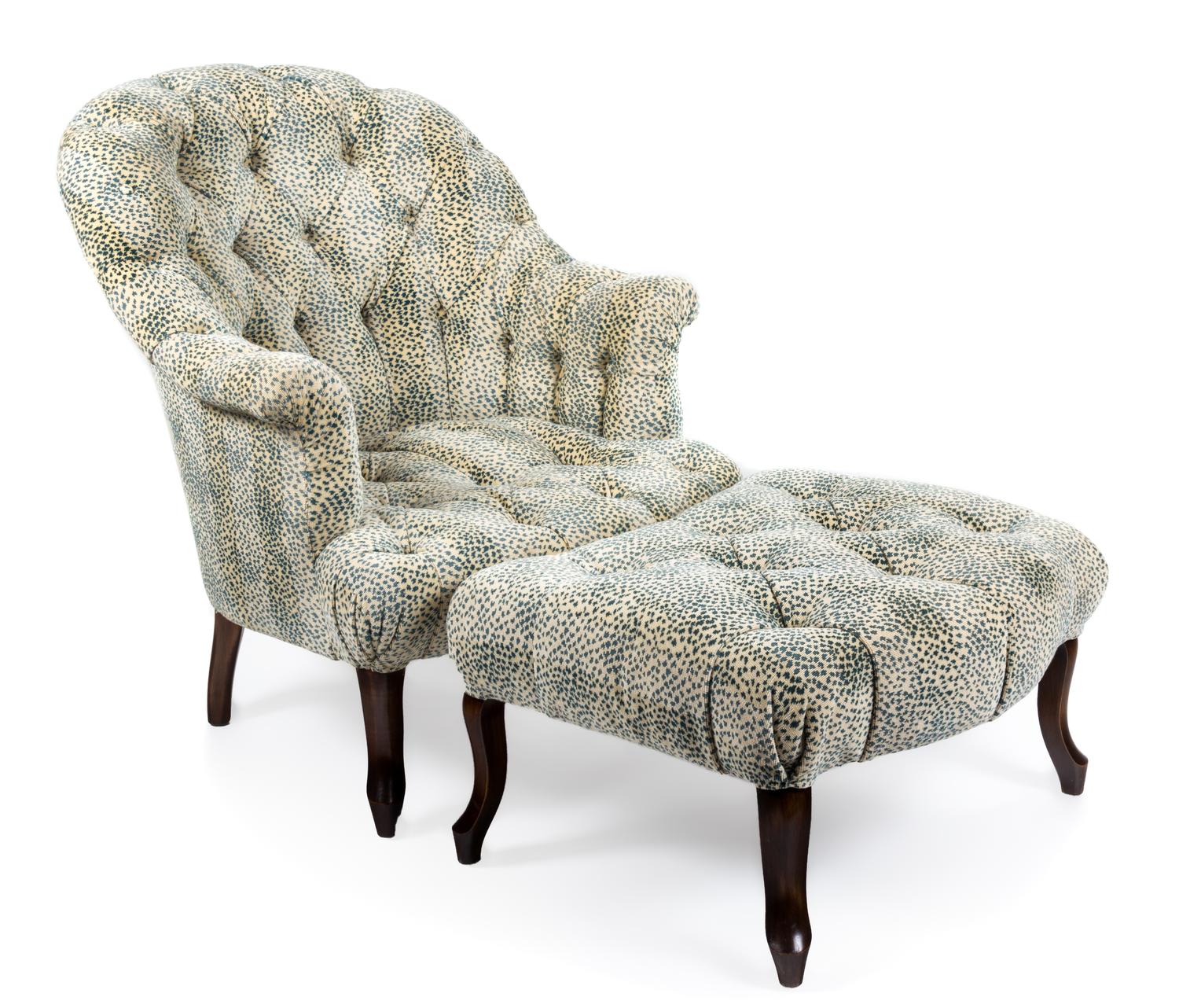 A Leopard Print-Upholstered Club Chair and Ottoman Height of first 34 inches. — 20TH CENTURY