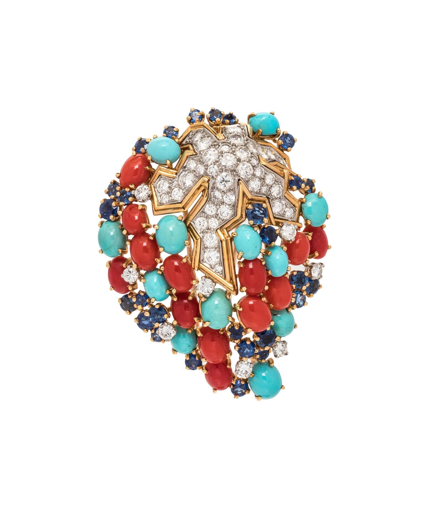 Diamond, Sapphire, Turquoise, and Coral Brooch