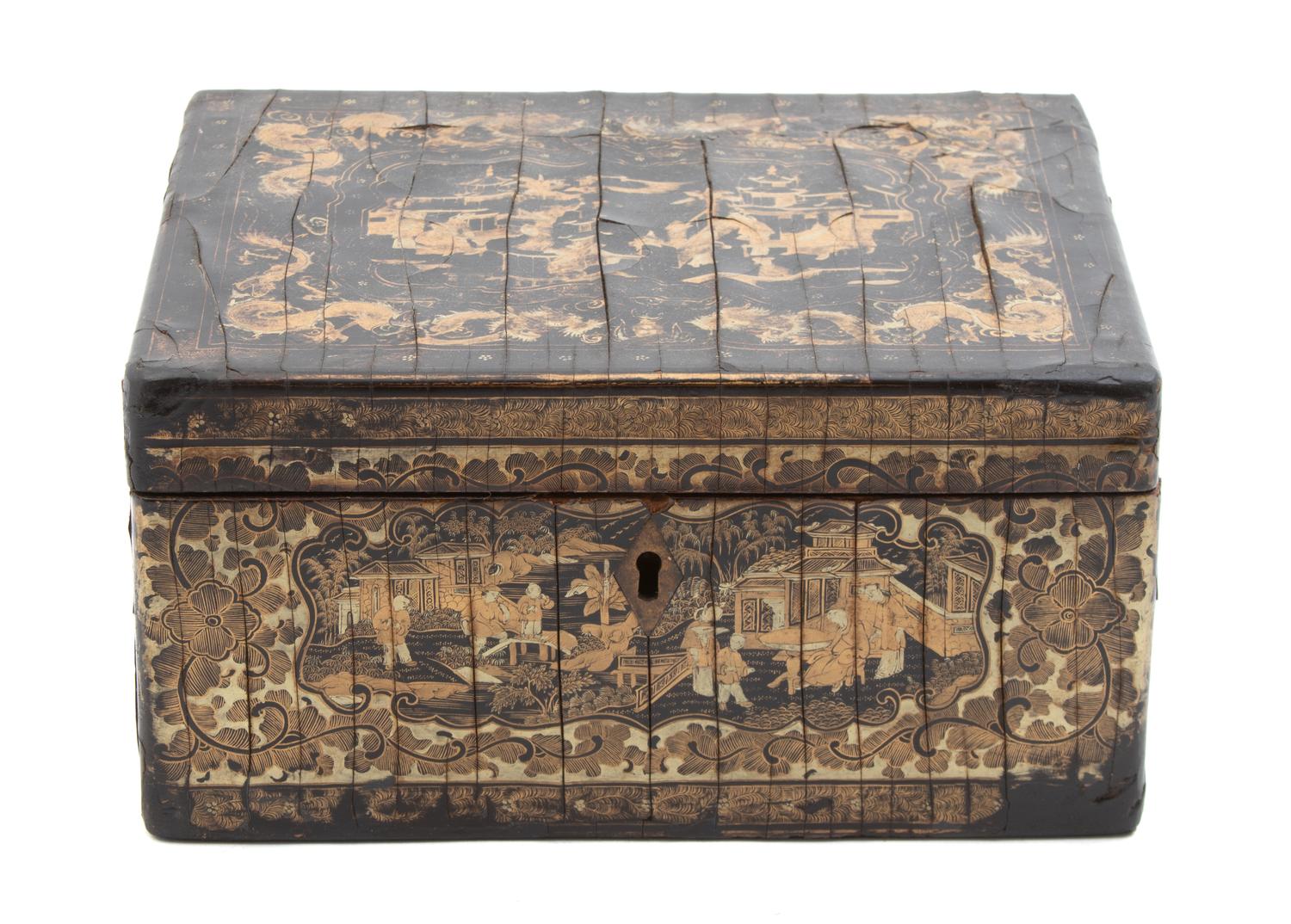 A Chinese Export Black and Gilt Lacquer Tea Caddy Height 4 1/4 x width 8 x depth 6 1/4 inches. — 19TH CENTURY