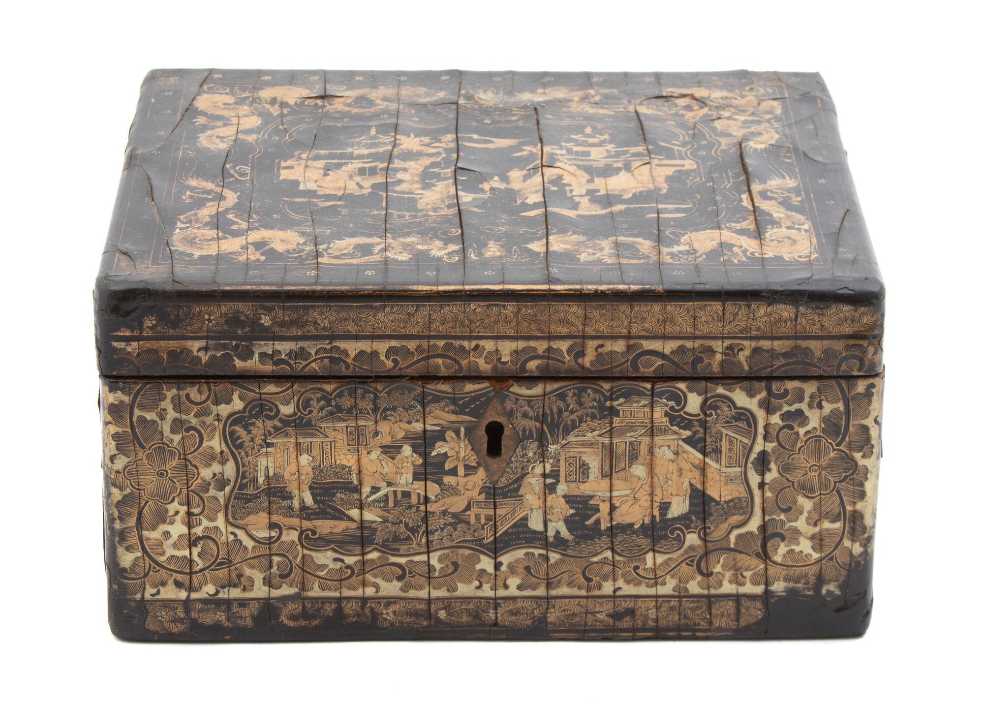A Chinese Export Black and Gilt Lacquer Tea Caddy Height 4 1/4 x width 8 x depth 6 1/4 inches. — 19TH CENTURY