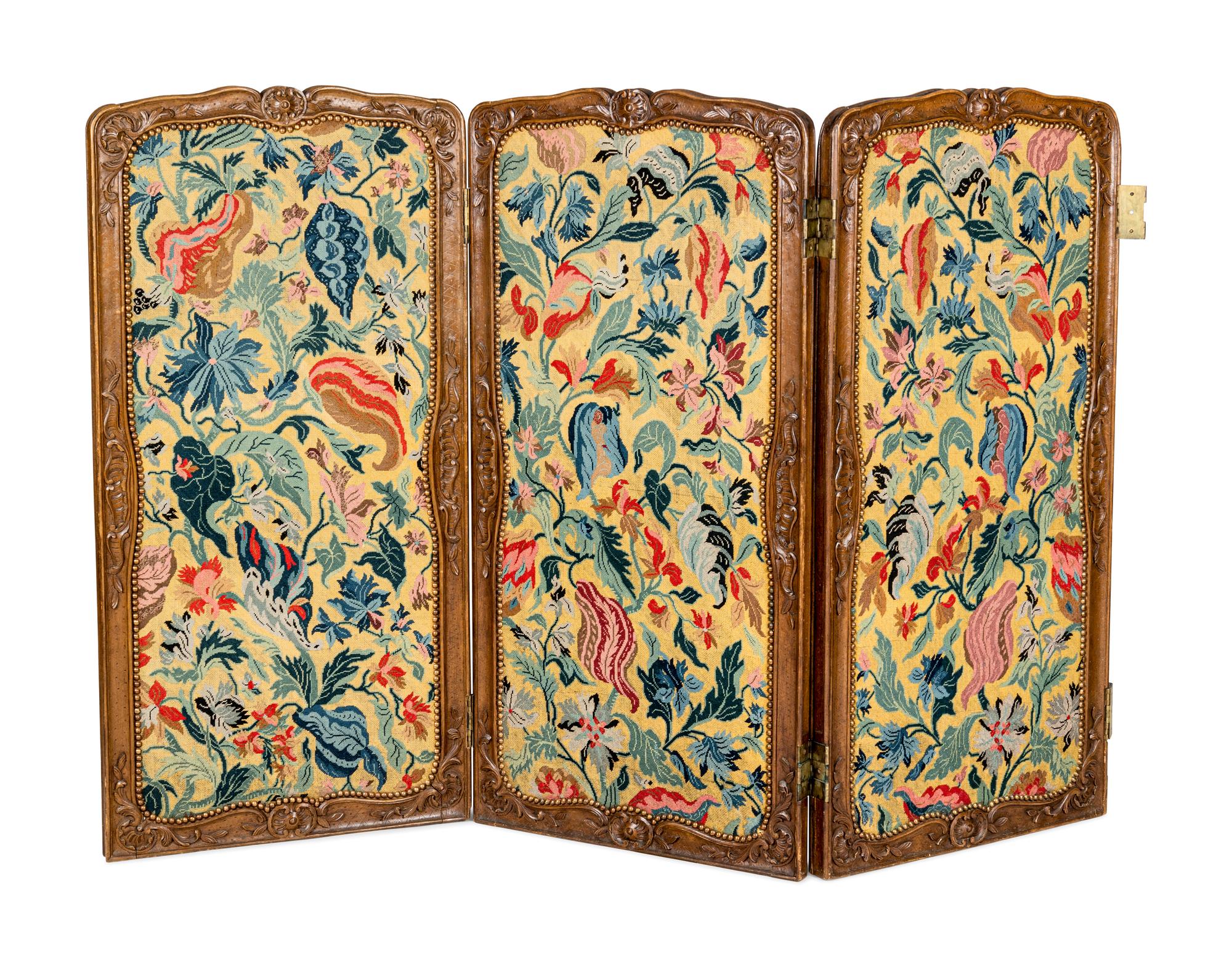A Louis XV Style Carved Walnut Six-Panel Needlework Inset Screen 19th Century Note: Our specialists have confirmed that this item is over 100 years old.