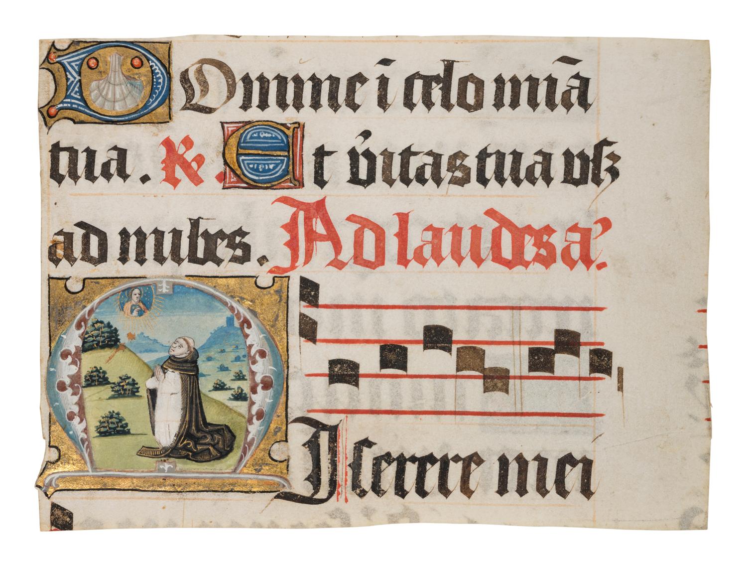 ROBERT BOYVIN (documented Rouen, 1480-1536) A partial leaf from a Dominican Antiphonal, including a historiated initial ‘M’ of a Dominican Monk in Prayer, in Latin, illuminated manuscript on parchment [France, Rouen, c. 1490-1500]