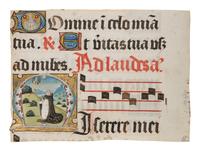ROBERT BOYVIN (documented Rouen, 1480-1536) A partial leaf from a Dominican Antiphonal, including a historiated initial ‘M’ of a Dominican Monk in Prayer, in Latin, illuminated manuscript on parchment [France, Rouen, c. 1490-1500]