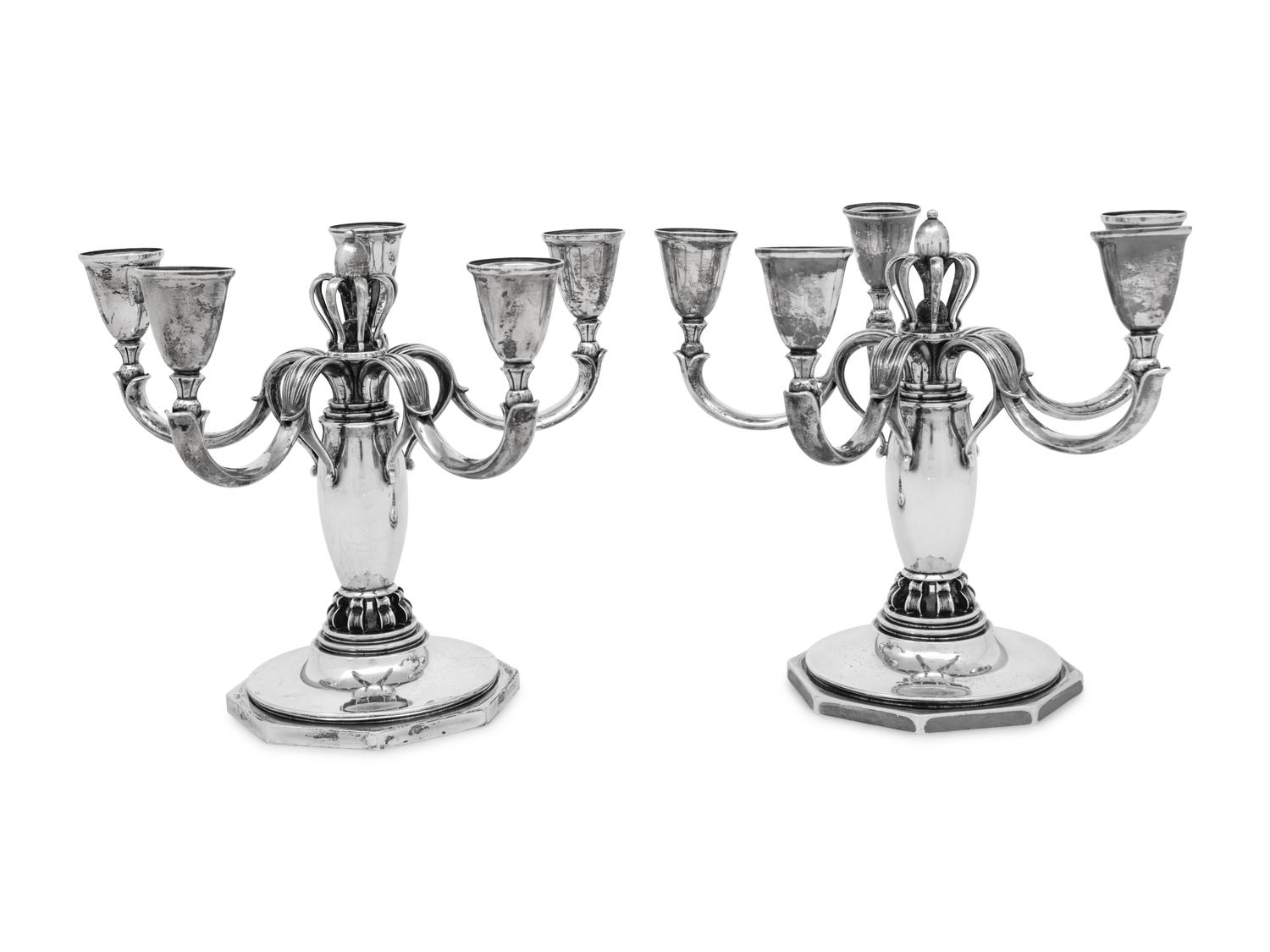 A Pair of Danish Silver Five-Light Candelabra