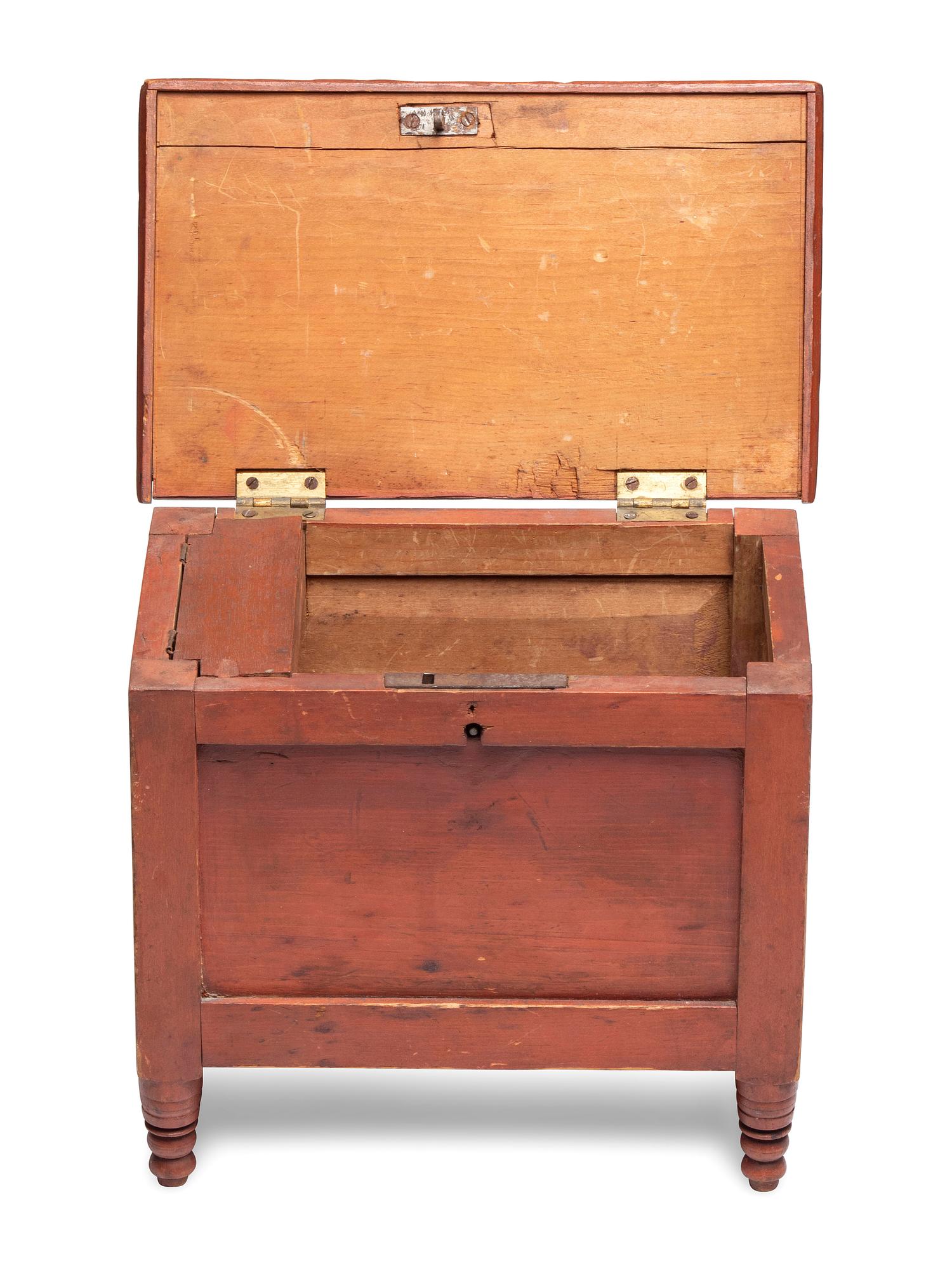 A Late Federal Red Painted Pine Miniature Blanket Chest