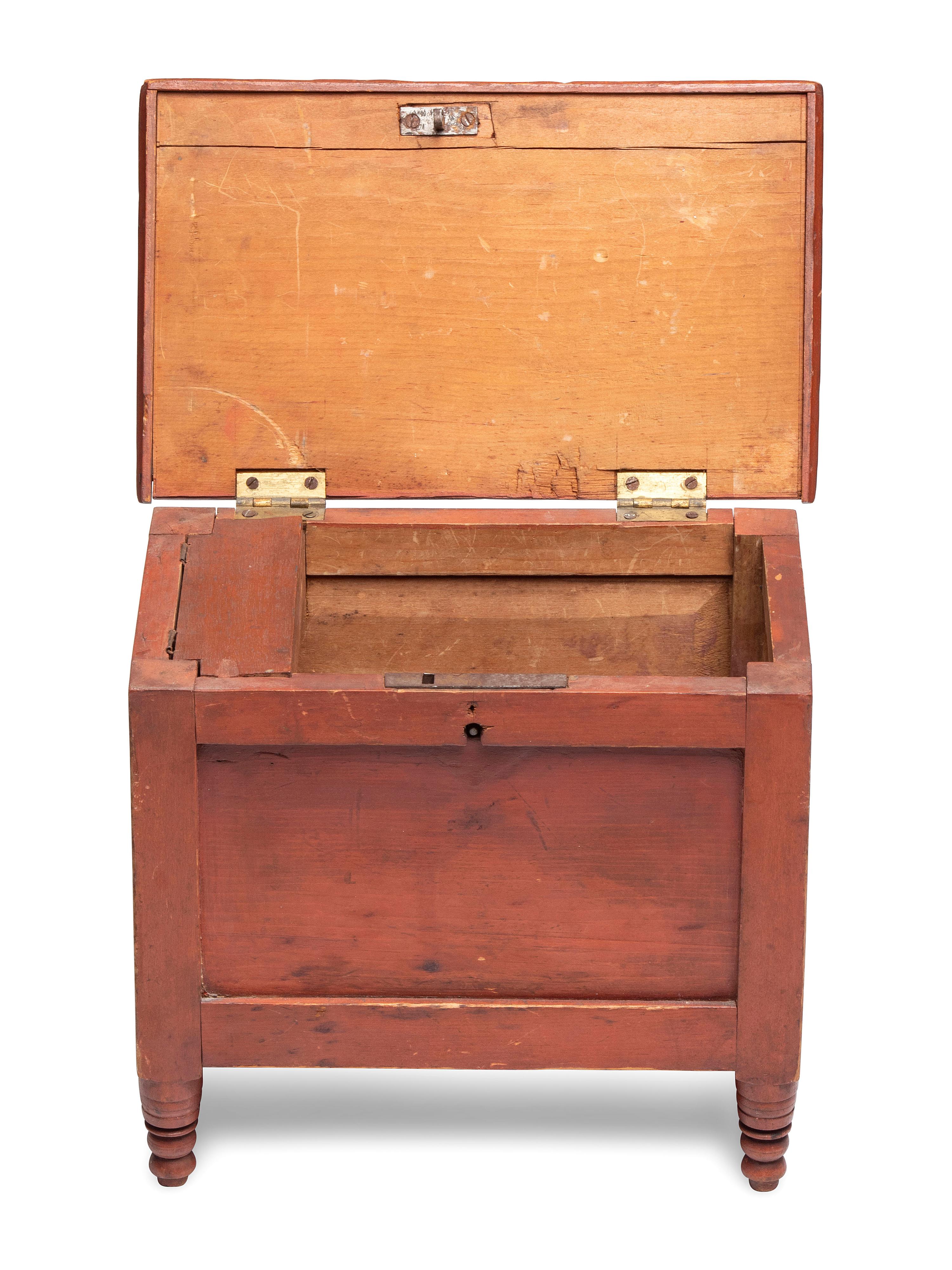 A Late Federal Red Painted Pine Miniature Blanket Chest