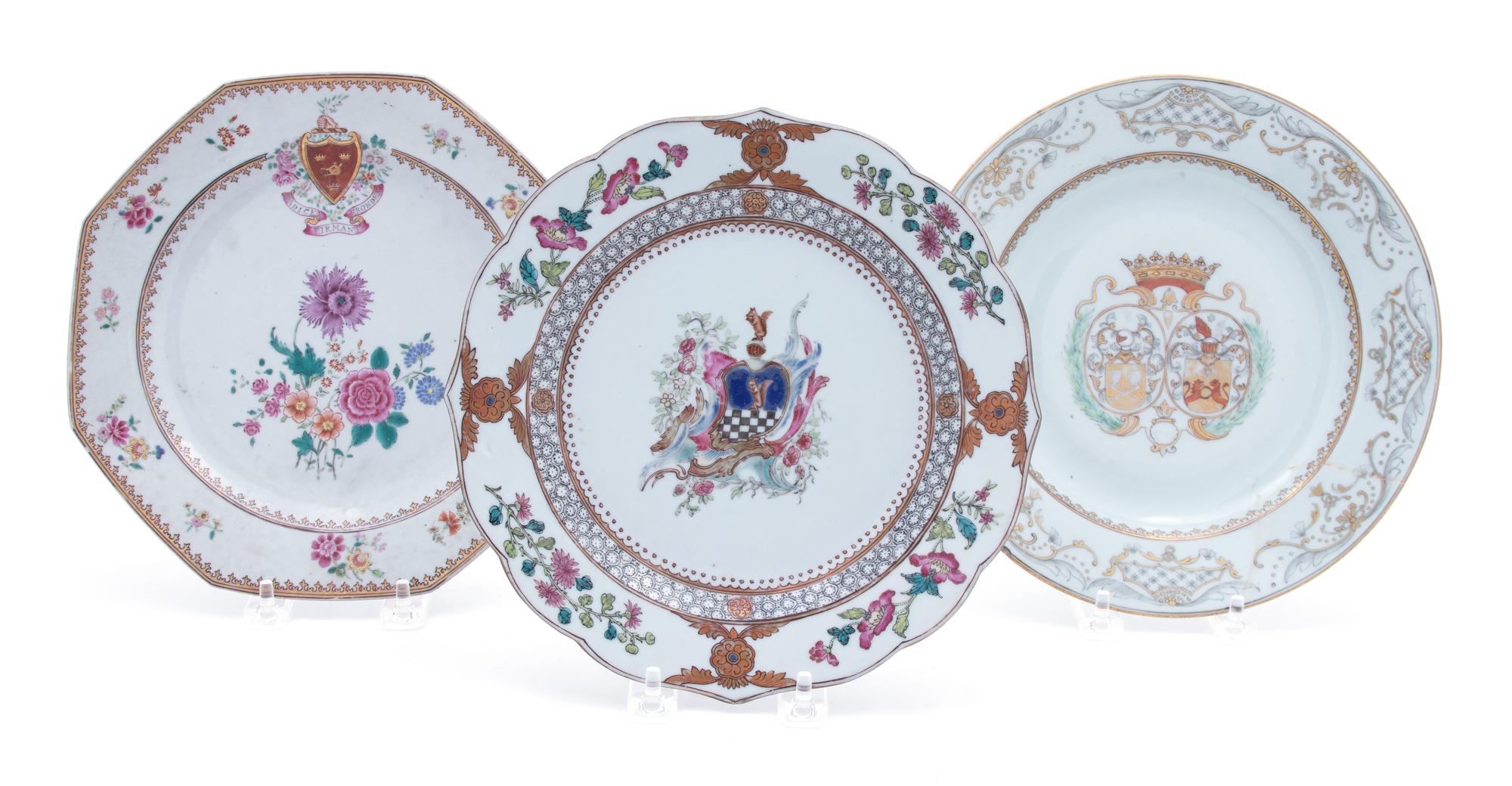 Three Chinese Export Armorial Porcelain Plates