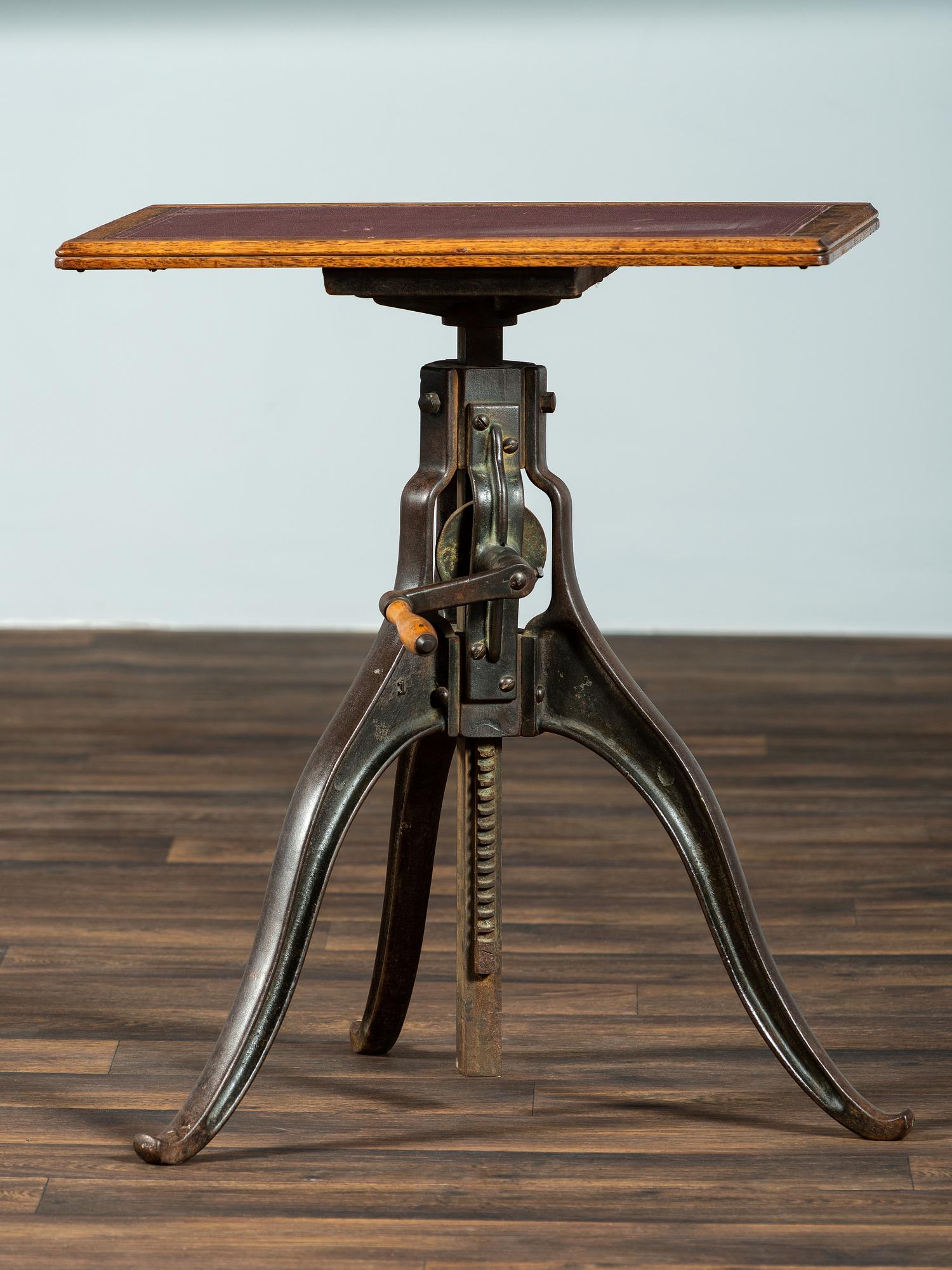 An Optometrist's Iron and Oak Adjustable Table