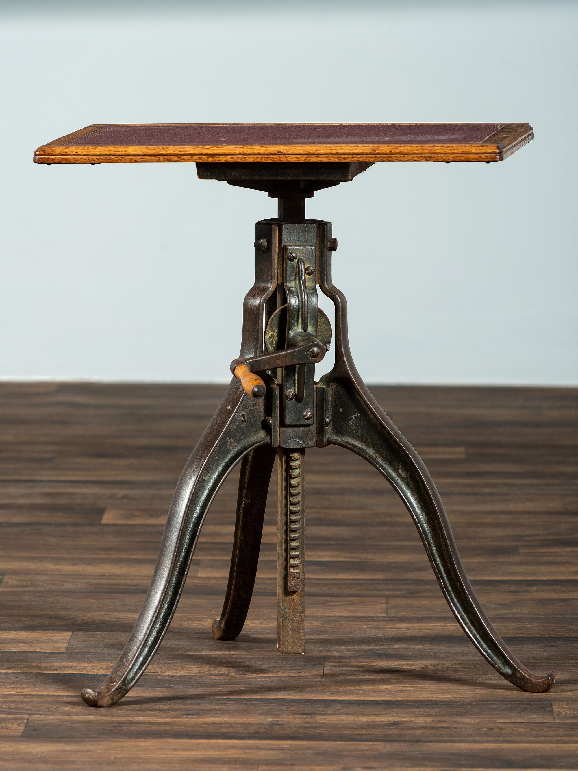 An Optometrist's Iron and Oak Adjustable Table