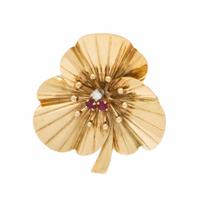 Yellow Gold, Ruby, and Diamond Clover Brooch