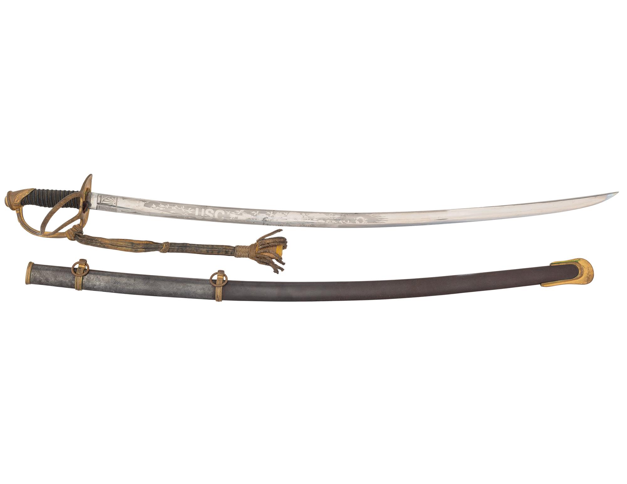[CIVIL WAR]. Imported US Model 1840 Cavalry Officer’s saber presented to Captain Otto Harhaus, 2nd New York Volunteer Cavalry, who commanded the Regiment at Gettysburg.