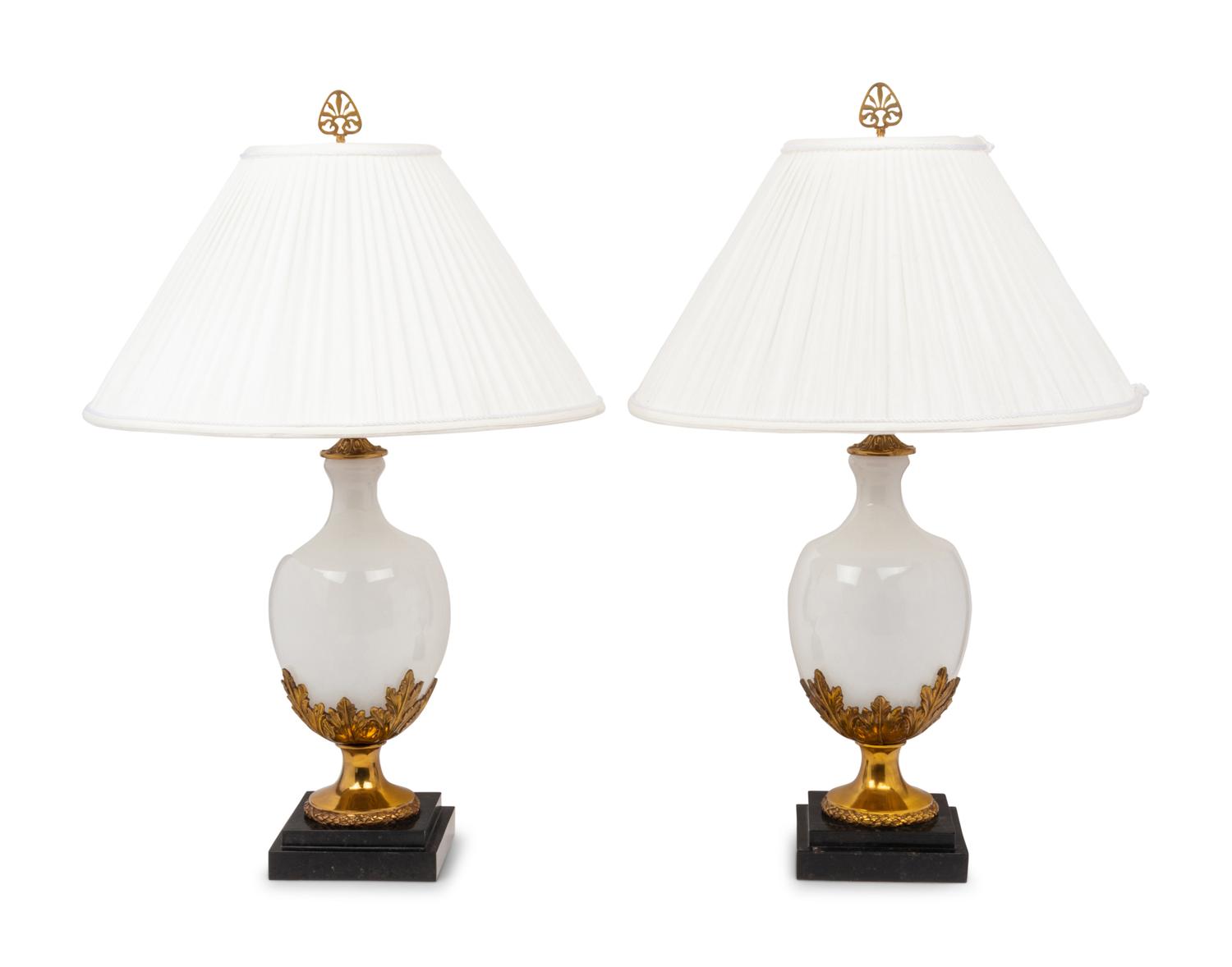 A Pair of Gilt Metal Mounted Opaline Glass Vases Mounted as Lamps
