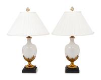 A Pair of Gilt Metal Mounted Opaline Glass Vases Mounted as Lamps
