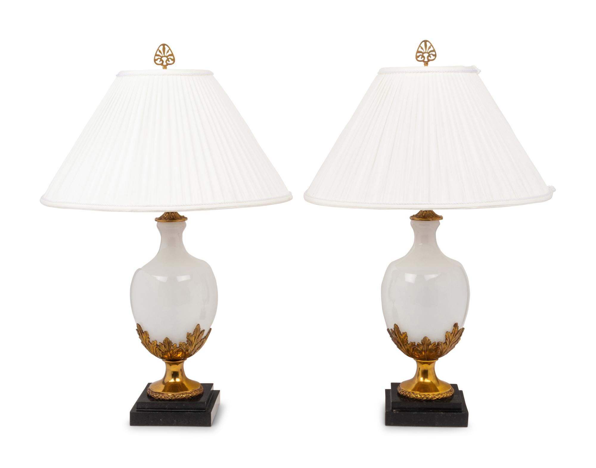A Pair of Gilt Metal Mounted Opaline Glass Vases Mounted as Lamps