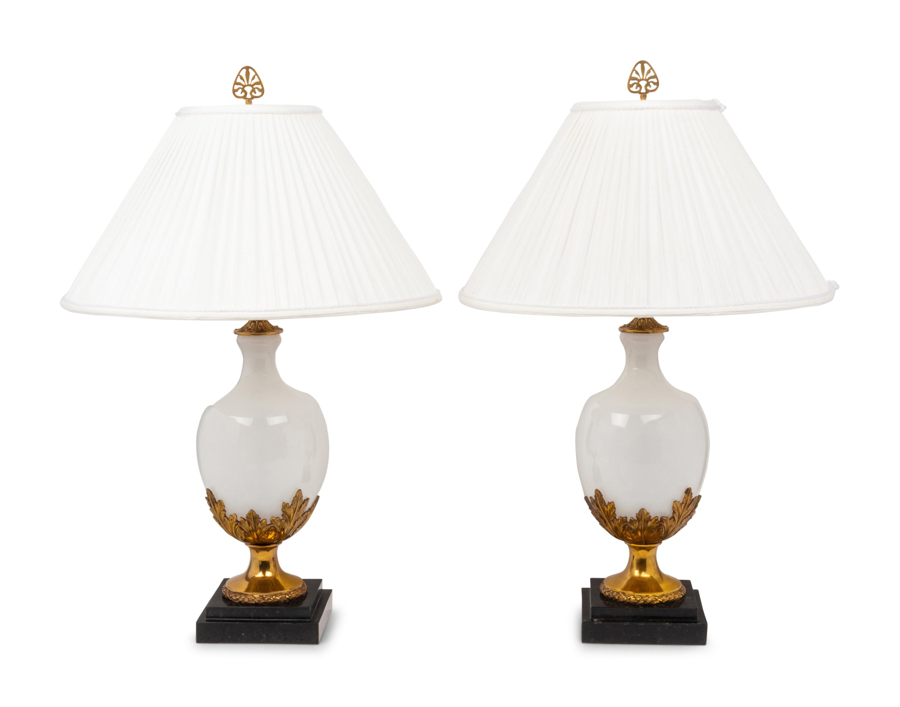 A Pair of Gilt Metal Mounted Opaline Glass Vases Mounted as Lamps