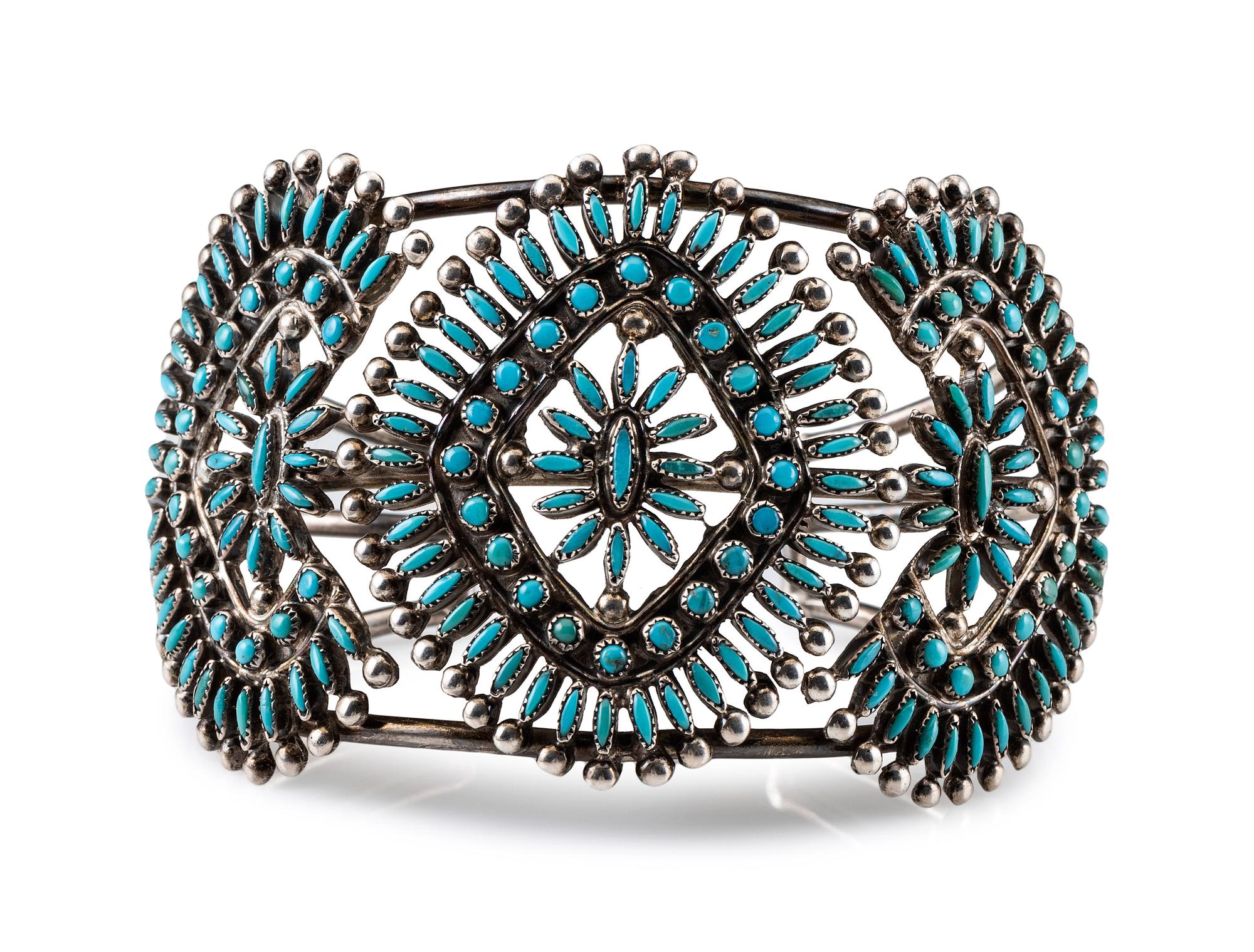 Zuni Silver and Petit Point Turquoise Cluster Cuff Bracelet