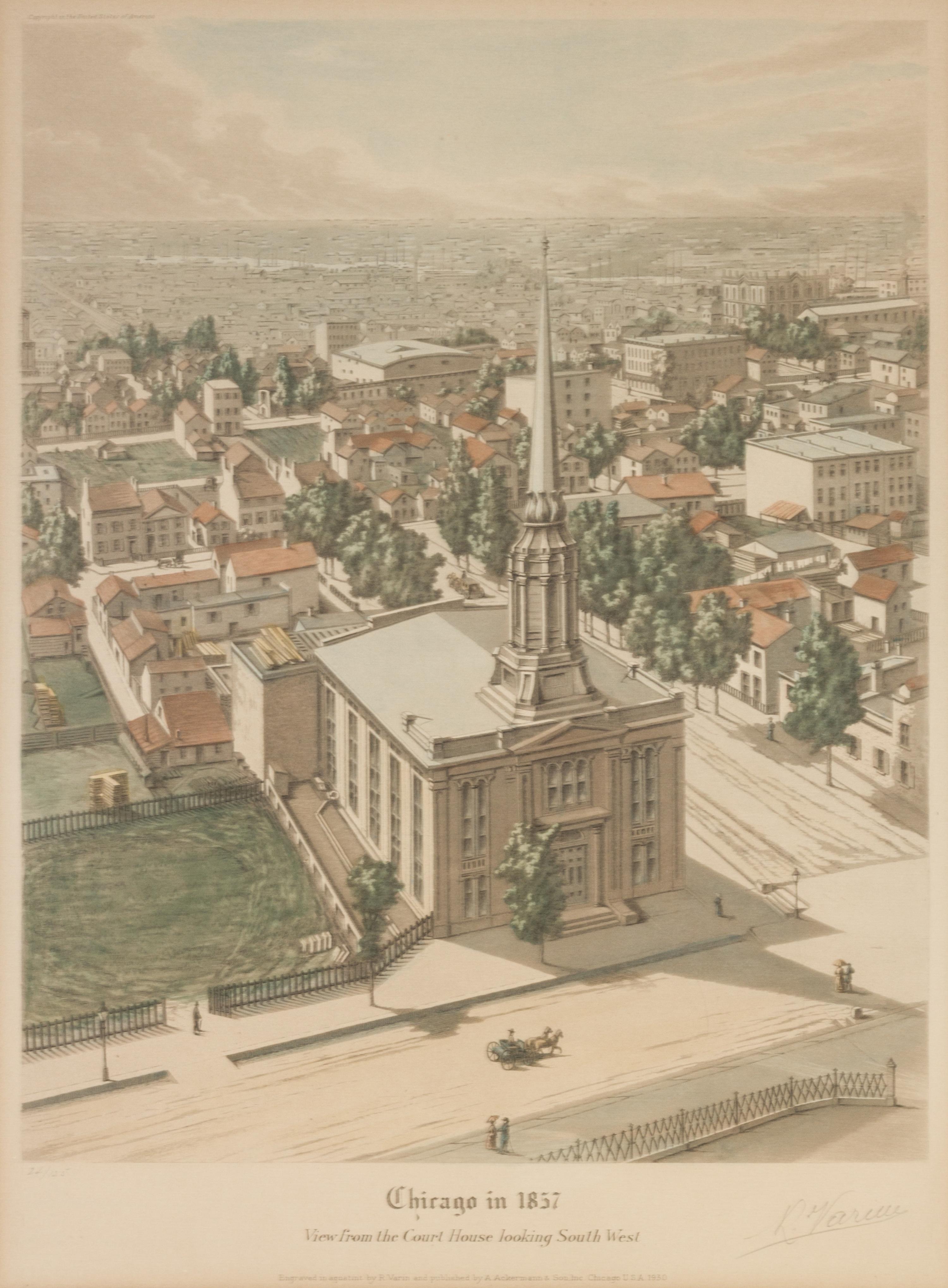(CHICAGO) VARIN, RAOUL. A group of four original color aquatints, depicting various views of Chicago, various dates. Framed.