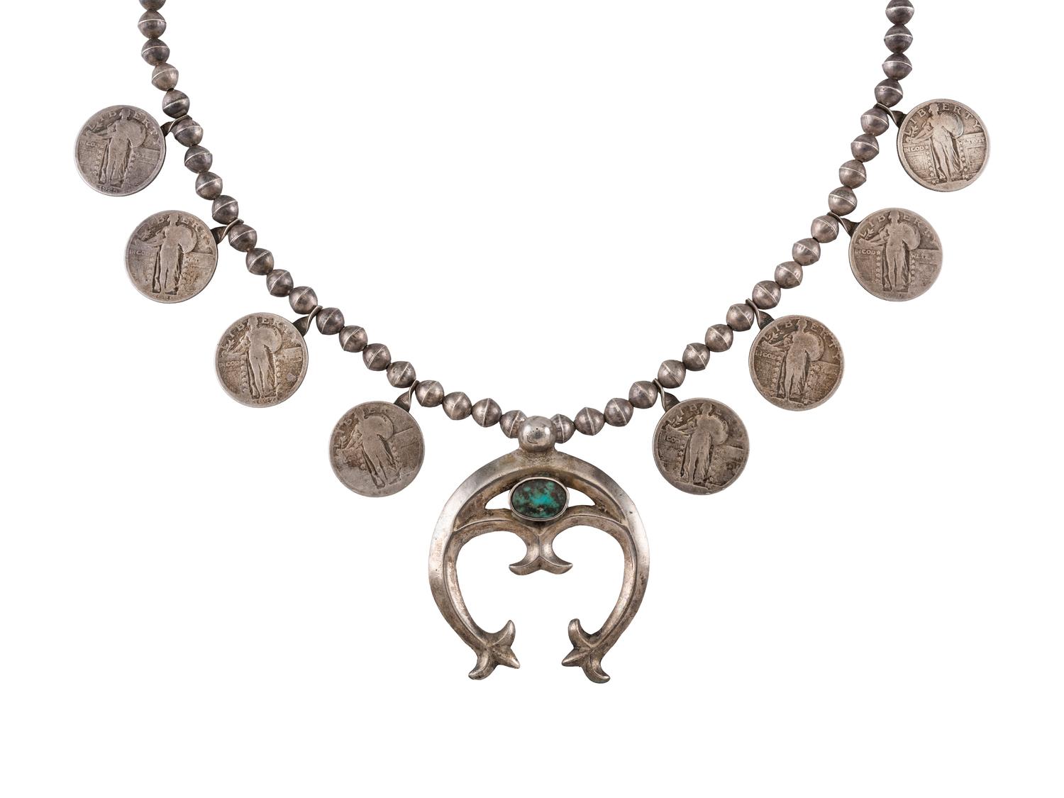 Navajo Silver, Coin, and Turquoise Squash Blossom Necklace