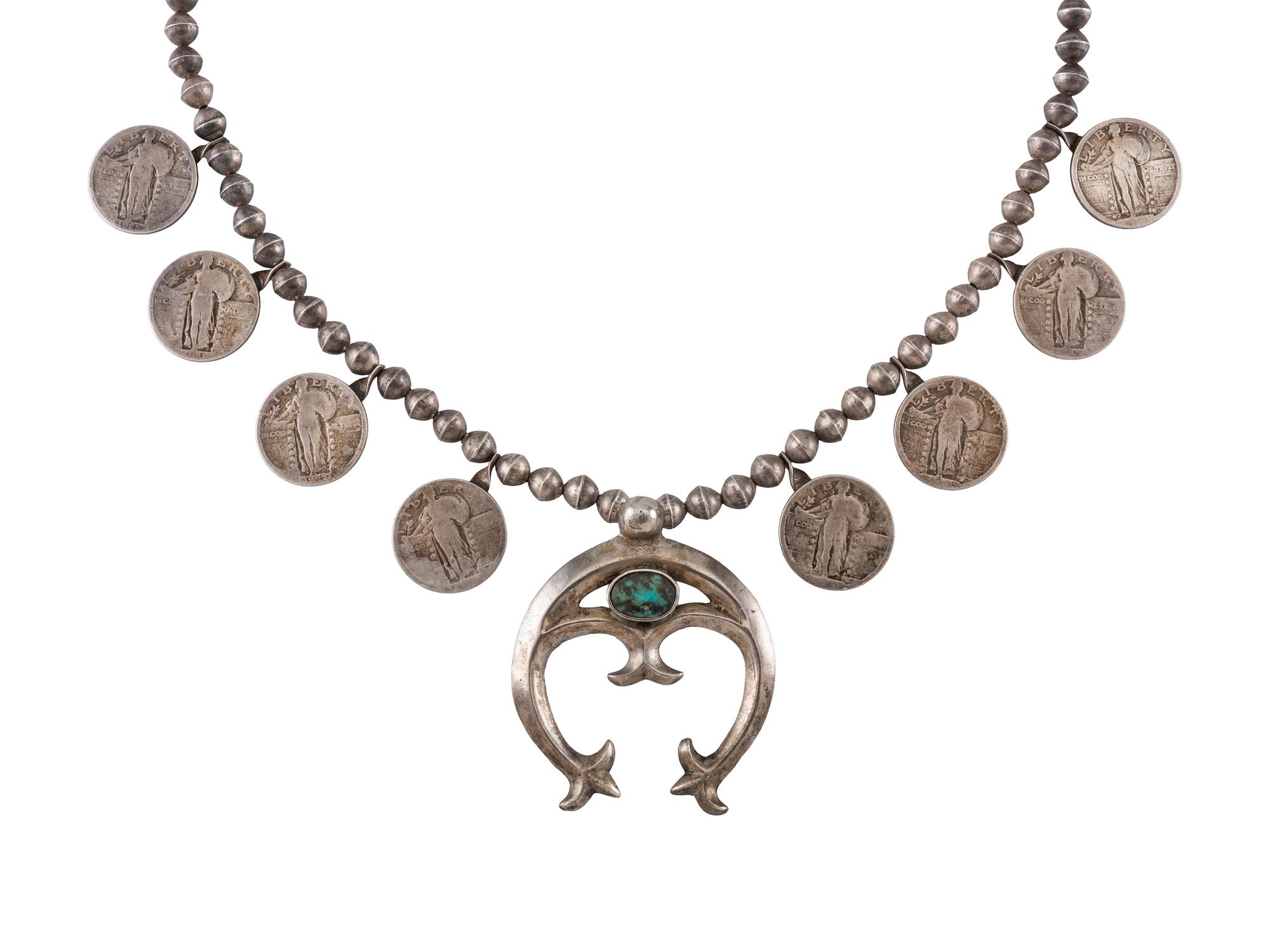 Navajo Silver, Coin, and Turquoise Squash Blossom Necklace