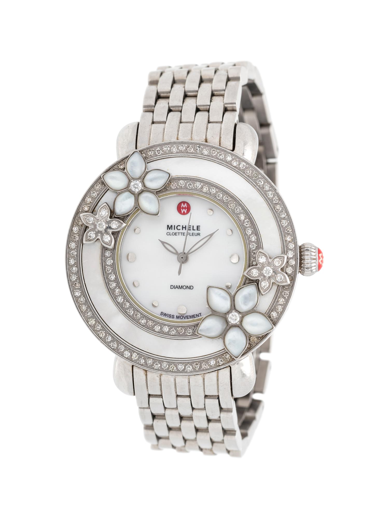 MICHELE, STAINLESS STEEL, MOTHER-OF-PEARL AND DIAMOND 'CLOETTE FLEUR' WRISTWATCH