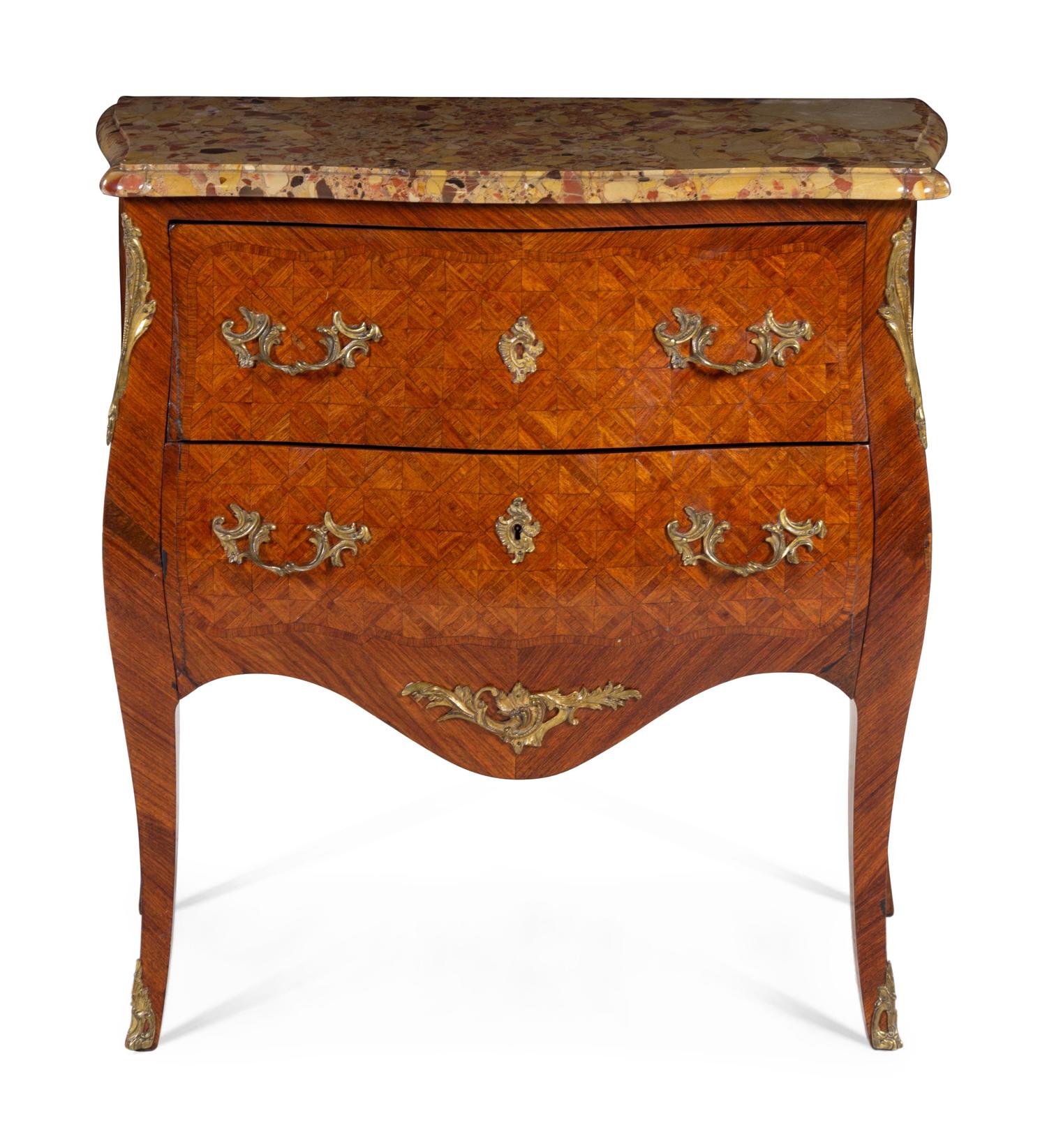 A Louis XV Style Parquetry Marble-Top Commode